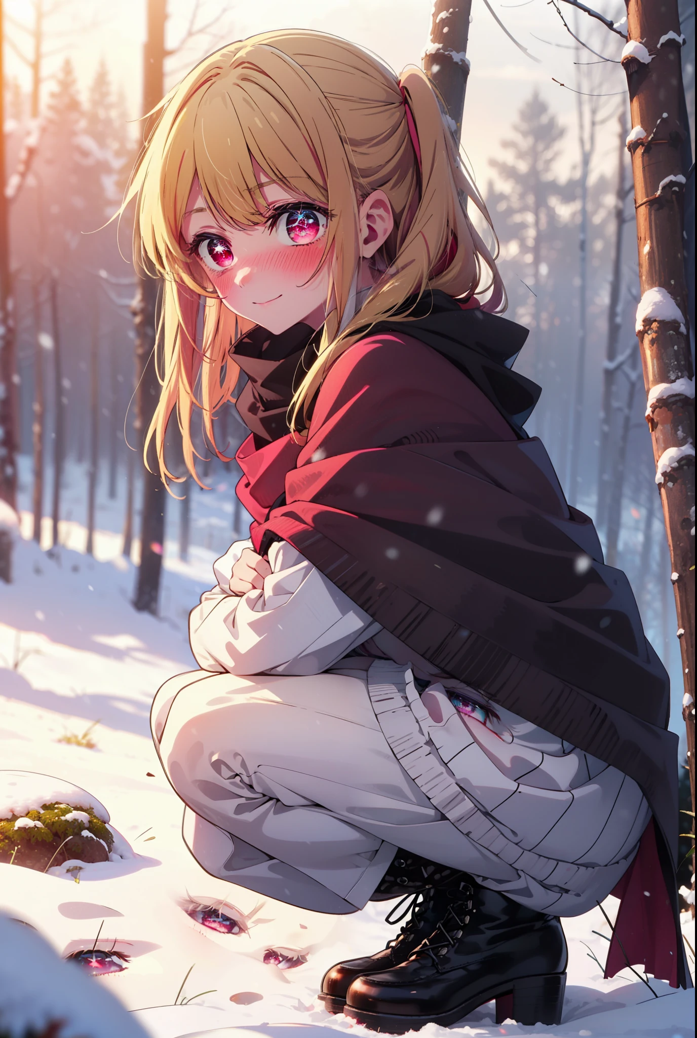 rubyhoshino, Hoshino Ruby, Long Hair, bangs, blonde, (Pink Eyes:1.3), Side Lock, (Symbol-shaped pupil:1.5), Multicolored Hair, Two-tone hair, smile,,smile,blush,white breath,
Open your mouth,snow,Ground bonfire, Outdoor, boots, snowing, From the side, wood, suitcase, Cape, Blurred, , forest, White handbag, nature, Squat, Mouth closed, Cape, winter, Written boundary depth, Black shoes, red Cape break looking at viewer, Upper Body, whole body, break Outdoor, forest, nature, break (masterpiece:1.2), Highest quality, High resolution, unity 8k wallpaper, (shape:0.8), (Beautiful and beautiful eyes:1.6), Highly detailed face, Perfect lighting, Extremely detailed CG, (Perfect hands, Perfect Anatomy),