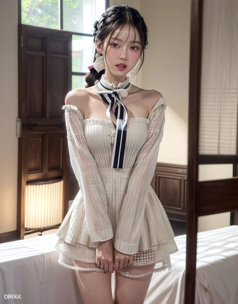 (Tabletop:1.3), (8k, Realistic, RAW Photos, highest quality: 1.4), Japanese, (One Girl), Beautiful Face, (Realistic Face), (Black Hair), Beautiful Hairstyles, Realistic eyes, Beautiful fine details, (Realistic Skin), Beautiful Skin, Charm, 超A high resolution, surreal, Very detailed, Golden Ratio、 Show from waist to shoulders, Beautifully detailed skin, (cute:1.2), (Black Hair), ((JPOP Idol)), (Upper thigh:0.6), (Depth of written boundary),Soft Light, Lens Glow, View Viewer, (Droopy eyes:1.2), Straight teeth,smile, Floating Hair, (bionde:1.2), Brown eyes, Movie Scenes, cinematic, Full Color, 4K, 8k, 16K, RAW Photos, Tabletop, Professionally color coded, Professional photography, Cleavage,high school girl, Put your hair up, think,(Sweat,haa)1.2,(blush,Open your mouth)1.3,Soft Clean Focus, Realistic lighting and shading, (Very delicate and beautiful art)1.3, elegant,Active Angle,dynamism pose, Realistic, (cute girl:1.1), High resolution, Ultra Clear, Sharp focus, ,Cosplay, slim, transparent white cloth,Gray Hair, High Ponytail, (Off-White Damask Long Sleeve Shirt Dress:1.3), (Thom Browne designer dress:1.4), (Very detailed background, Detailed background: 1.3), bokeh, Depth of written boundary, China City Street, There is no one in the background,(Skirt flip、Pink Panties:1.1)