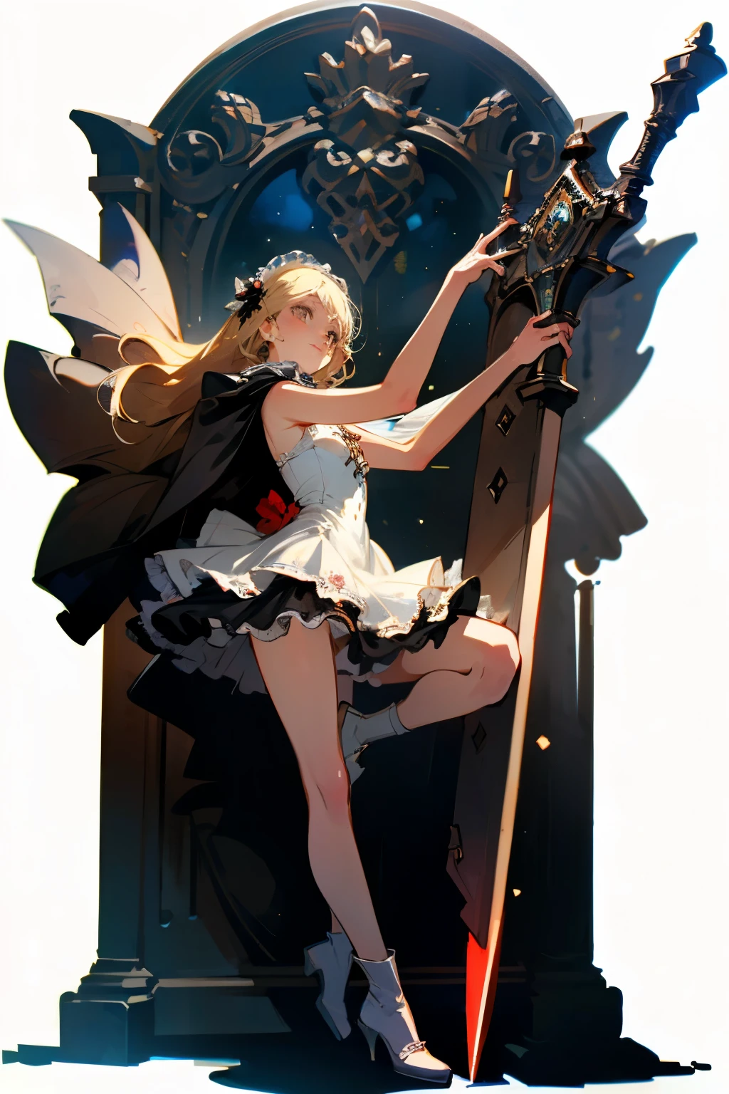 ((best quality)), ((masterpiece)), (detailed), blank white background, plain background, white background, red and white clothing, Bloodborne inspired, occult aesthetic, occult, detailed and intricate steampunk and detailed gothic, NSFW, Very dramatic and cinematic lighting, cosmic horror, grim-dark, side-lighting, perfect face, NSFW, Fluttering lace flared long knee length dress with frilly petticoats, knee length dress, pleated petticoats, ta dress, petticoats gothic lolicomplex lace boots, wielding a sword and holding a shield, side-lighting, gothic lolita aetic, NSFW, beautiful small breasts, small breasts, full body, whole body, body, plain background, white background, blank background, no background, white background NSFW, full body, whole body, head-to-toe