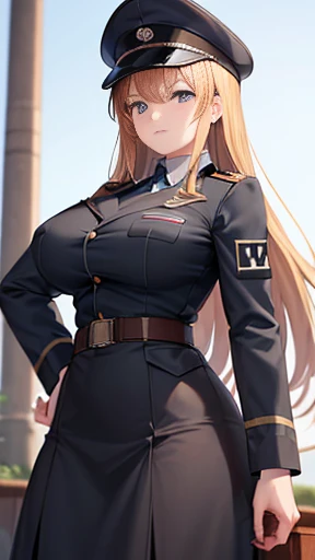 A girl who wears military clothes, brown heirs, gigantic breasts, anime cartoon, german third reich, long heirs,((highest quality)), ((masterpiece)),details, bleu eyes