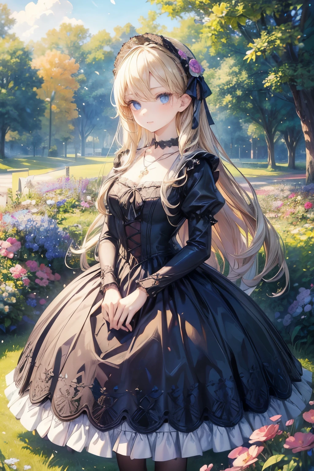 masterpiece,Highest quality,Very detailed,beautiful girl,Gorgeous Gothic ta Dress,Gorgeous necklace, teen, (full body),Blonde,blue eyes,Perfect Face,Beautiful and detailed eyes,Beautiful Skin,skinny,Dynamic,Outdoor,Beautiful flowering garden,Lots of flowers