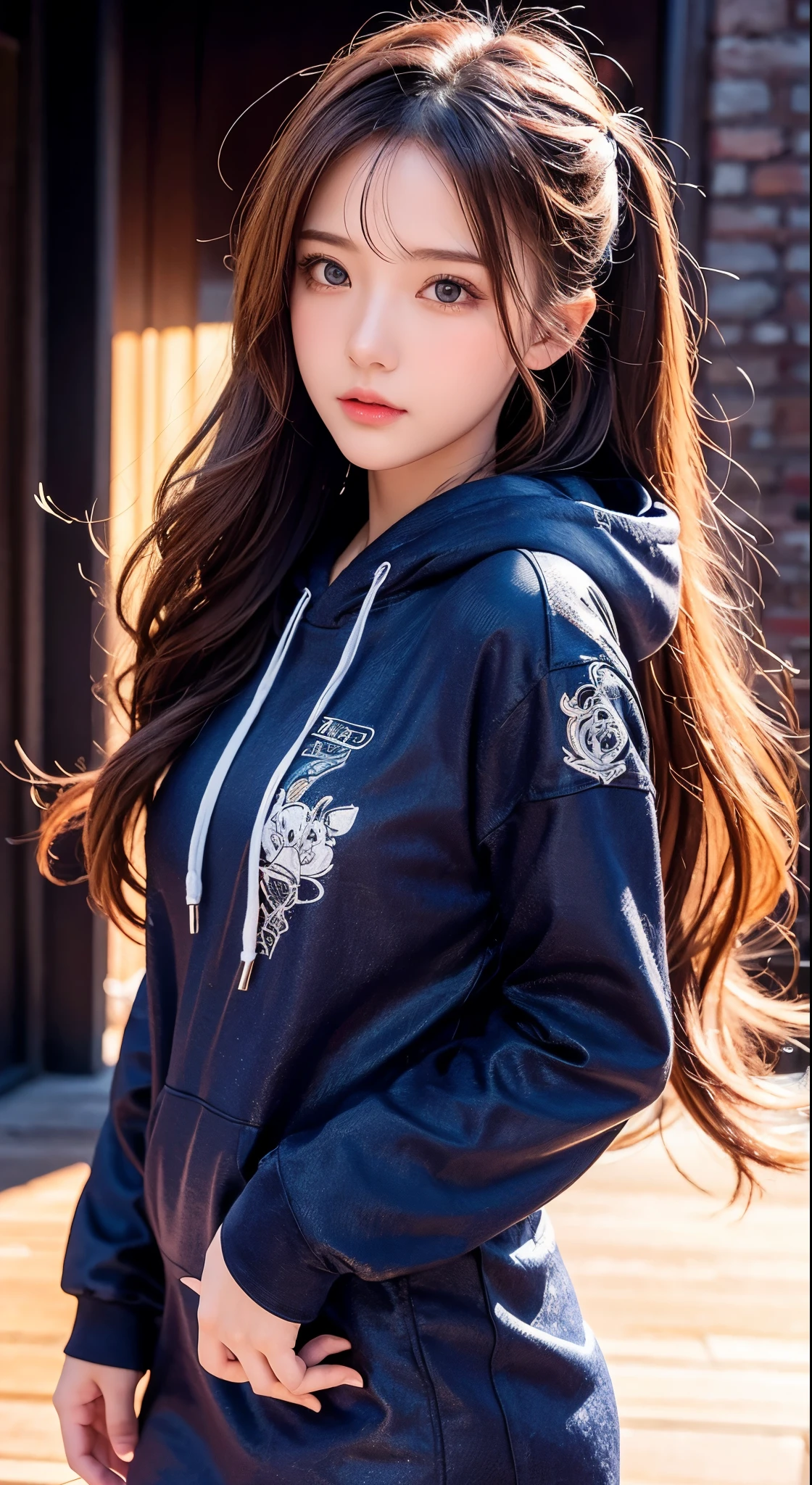 Top Quality, Masterpiece, High Resolution, 8k, Hoodie and Anime Style Girl, One Girl, Detailed Line Art, Bright White and Bright Amber Style, Digital Enhancement, Close Up, Anime Core, Flowing Fabric