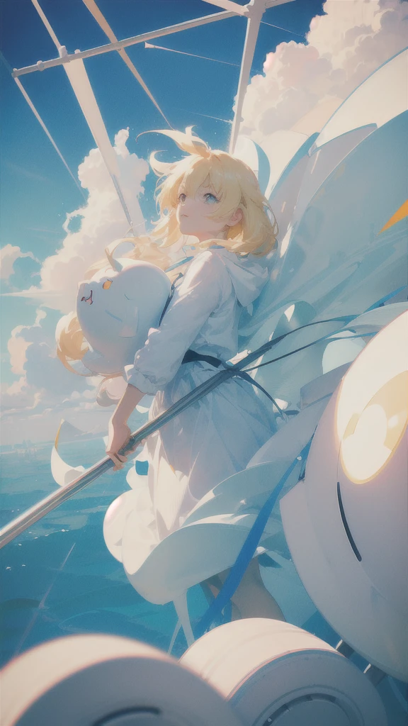 masterpiece, best quality, movie still, 1girl, floating in the sky, cloud girl, cloud, (close-up:1.1), bright, happy, fun, soft lighting, (Bauhaus, shapes, lines, abstract:1.1)