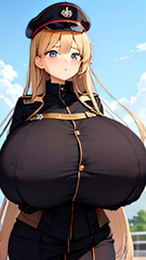 A girl who wears military clothes, brown heirs, gigantic breasts, anime cartoon, german third reich, long heirs,((highest quality)), ((masterpiece)),details, bleu eyes