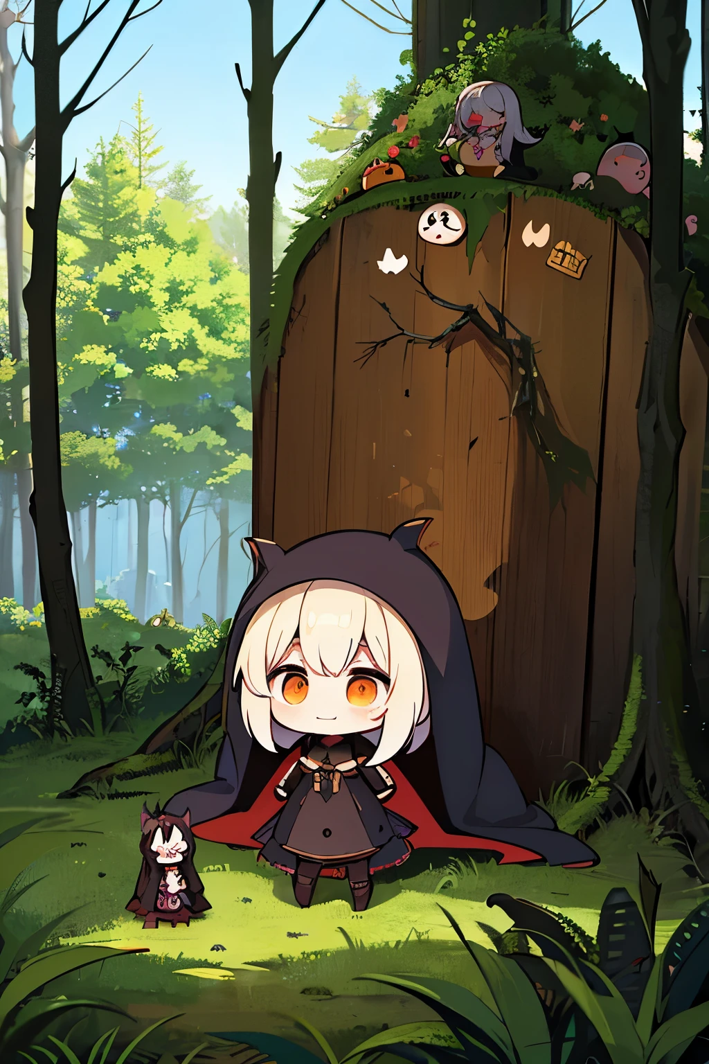 Photorealistic、Cute horror fantasy、Chibi Girl Doll(Devil Cosplay、Wicked Smile、Sagging under the eyes、Long eyebrows、Long nails、Orange eyes、Wear a long, big cloak) BREAK ,background(Musical notes around the doll, (dead tree:1.3), in the forest,shadow the cardboard\(Bat,Skeleton,Crow\)\)