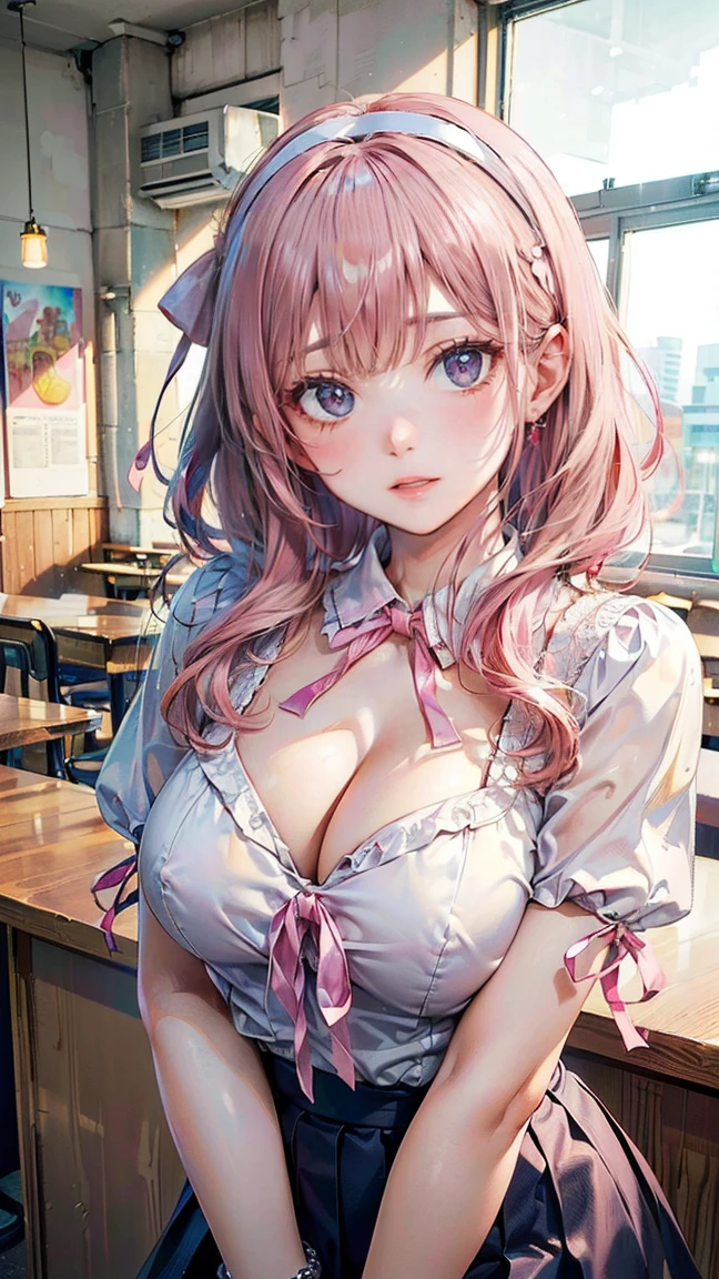 ((Highest quality, 8k, masterpiece :1.3)), (Sharp focus :1.2, Beautiful woman with perfect figure :1.4, Slim Abs), ((Big Breasts, Emphasize cleavage:1.2)), (Photorealistic:1.4), (realistic:1.4), (Pink Hair:1.5), Highly detailed face and skin texture, Fine grain, double eyelid. Makeup face, A little bit of lipstick, sex appeal, Sexy gravure pose, ((A high school girl wearing a pink ribbon blouse and a navy pleated skirt。In the background is the cafeteria、The sunlight coming through the window is warm.。She is smiling and posing sexy with one hand on the counter.。A hairband and a silver bracelet are her accessories.。:1.3))