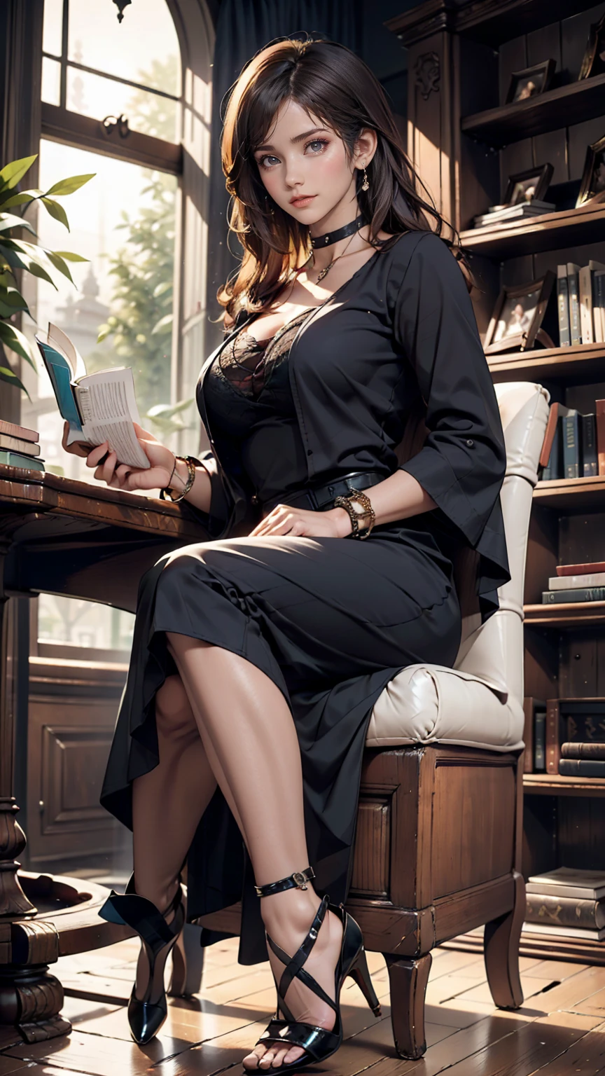 In an old-fashioned library、Elegant woman sitting in a leather chair、Reading a book elegantly。There are tall bookshelves all around.、There is a quiet atmosphere、bracelet、choker、Upstyle your hair、Stiletto heels、Cowboy Shot
