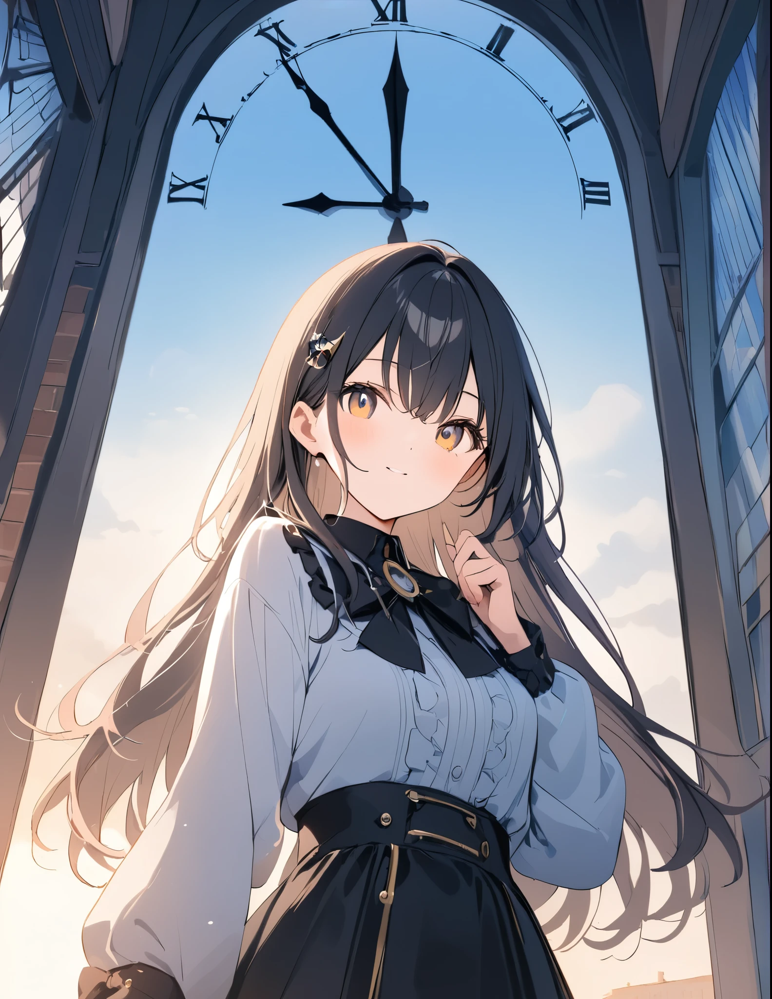 ((Flat Design))、High contrast、(8k, Highest quality)、Ultra-high resolution、adorable、Highest quality, beautiful, Absurd beauty、masterpiece、Best image quality、Clock Tower and Girl Theme、European Landscape、Clock Tower Background、A girl taking a commemorative photo、Looking up from below、Emphasize shading、Wide-angle lens、Lens flare