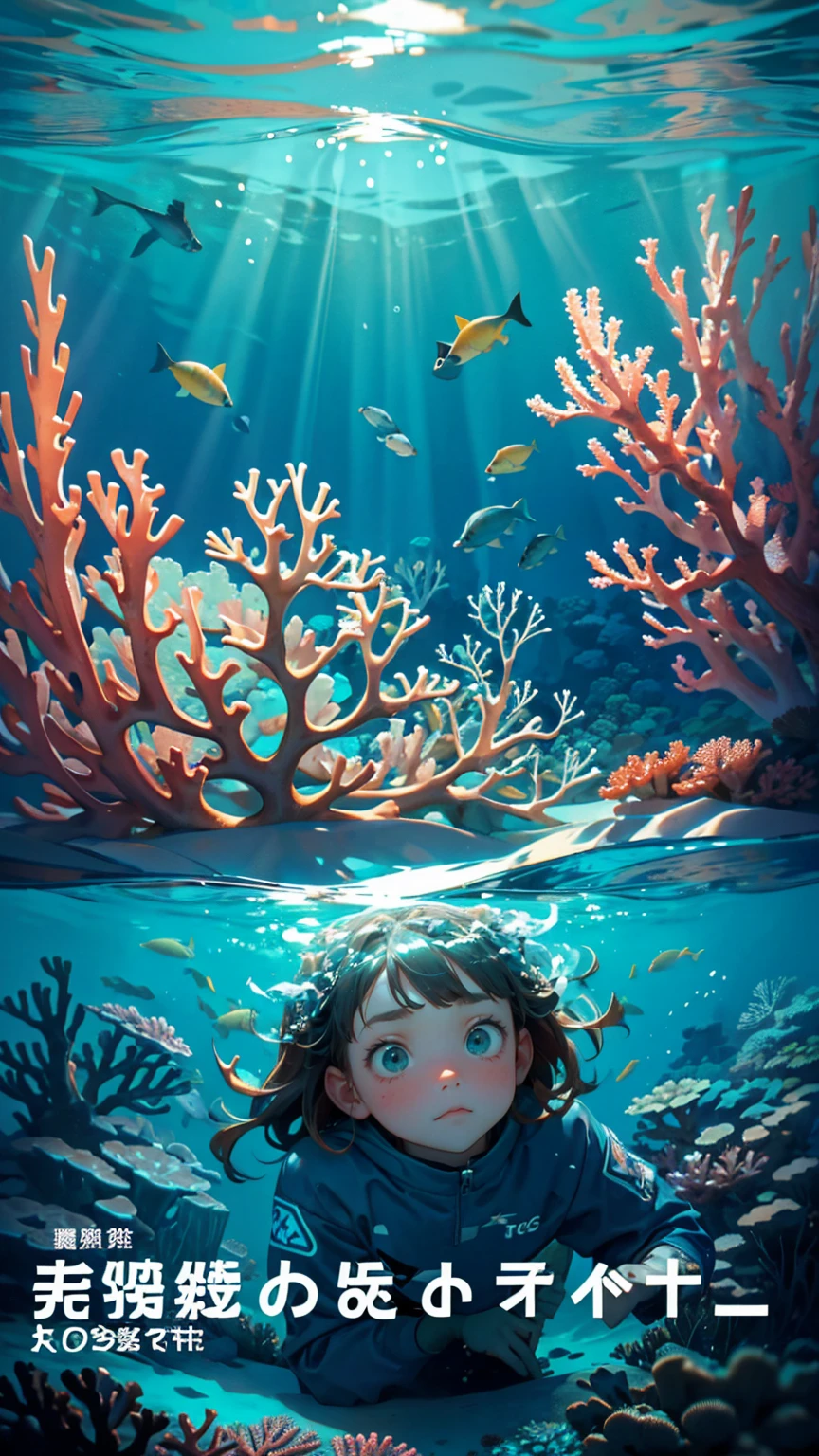 A cute girl with cute sad annoying face, stuck in fishing nets, set against the backdrop of coral reefs underwater with text below saying 'stuck transaction" underwater background, text  'stuck transaction" showing proper in the bottom of image,  text  'stuck transaction" showing proper in the bottom of image, 