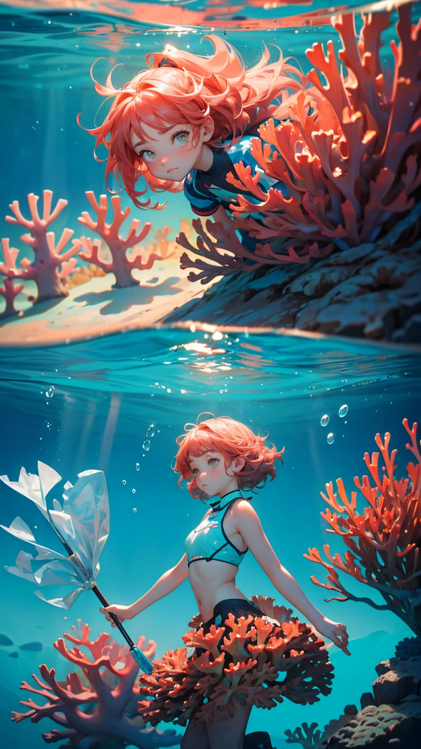 A cute girl with cute sad annoying face, stuck in fishing nets, set against the backdrop of coral reefs underwater with text below saying 'stuck transaction" underwater background, text 'stuck transaction" showing proper in the bottom of image, text 'stuck transaction" showing proper in the bottom of image,
