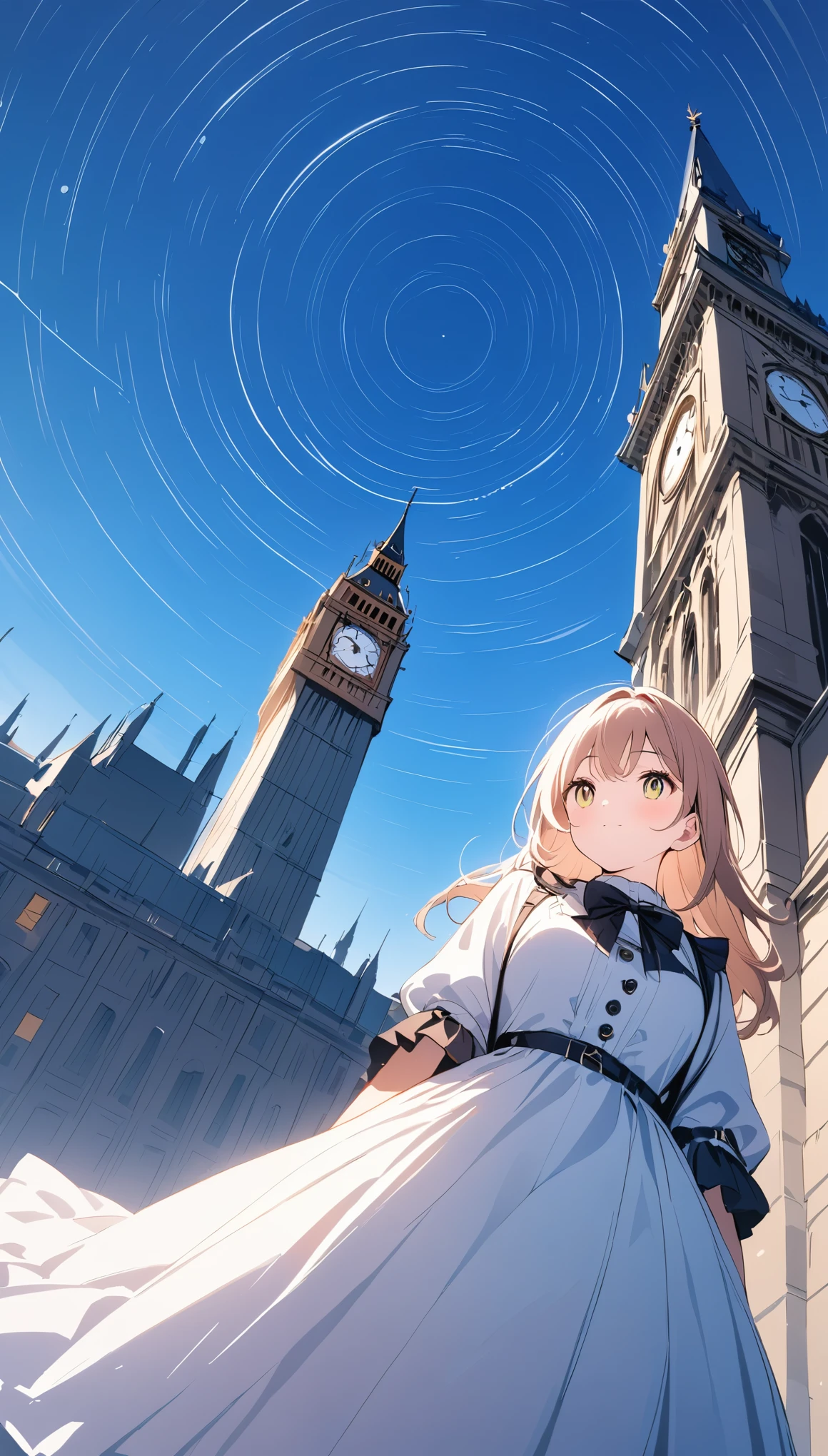 ((Flat Design))、High contrast、(8k, Highest quality)、Ultra-high resolution、adorable、Highest quality, beautiful, Absurd beauty、masterpiece、Best image quality、Clock Tower and Girl Theme、European Landscape、Clock Tower Background、A girl taking a commemorative photo、Looking up from below、Emphasize shading、Wide-angle lens、Lens flare