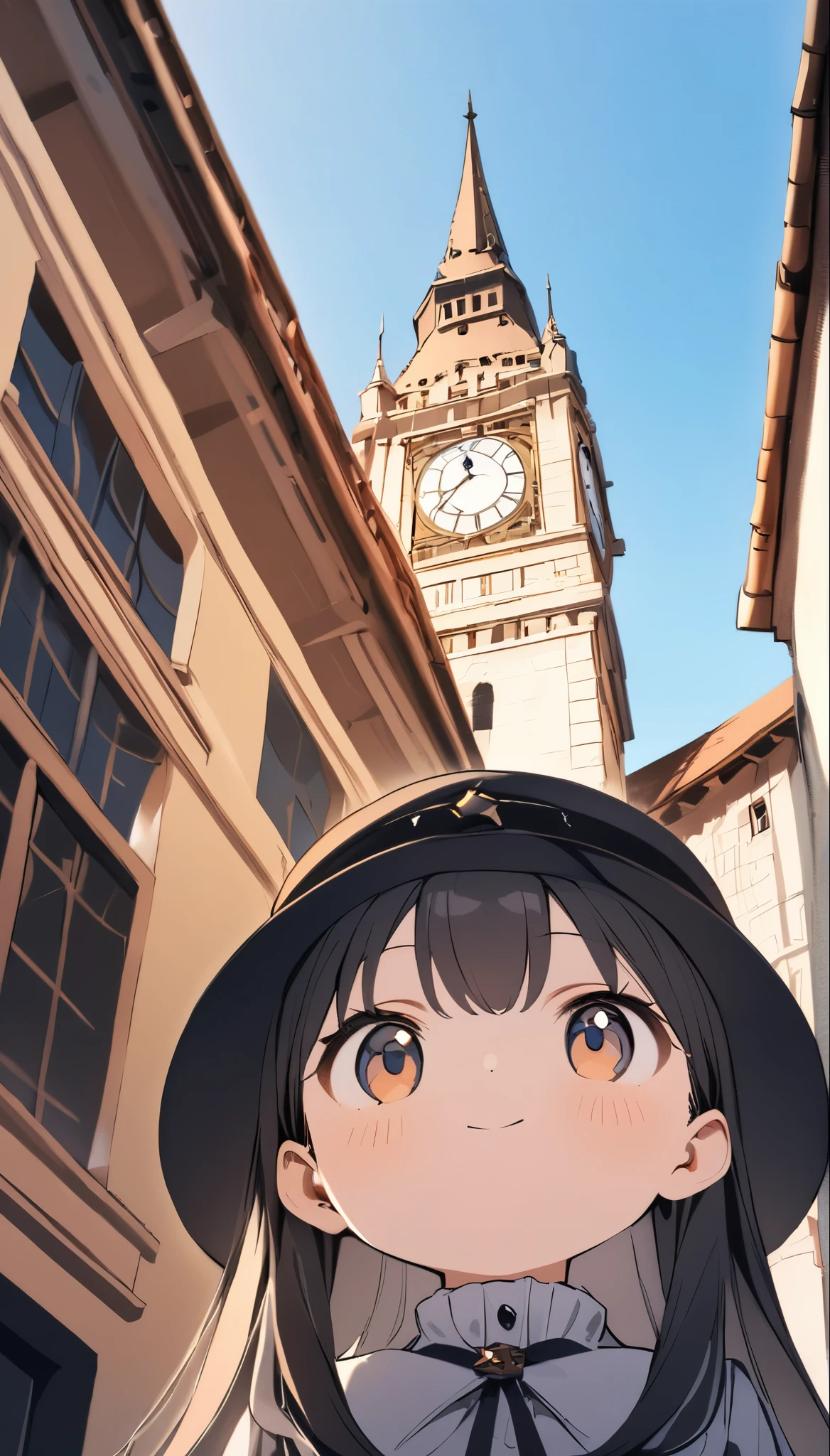 ((Flat Design))、High contrast、(8k, Highest quality)、Ultra-high resolution、adorable、Highest quality, beautiful, Absurd beauty、masterpiece、Best image quality、Clock Tower and Girl Theme、European Landscape、Clock Tower Background、A girl taking a commemorative photo、Looking up from below、Emphasize shading、Wide-angle lens、Lens flare