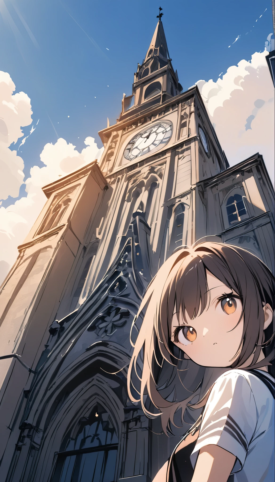 ((Picture books))、High contrast、(8k, Highest quality)、Ultra-high resolution、adorable、Highest quality, beautiful, Absurd beauty、masterpiece、Best image quality、Clock Tower and Girl Theme、European Landscape、Clock Tower Background、A girl taking a commemorative photo、Looking up from below