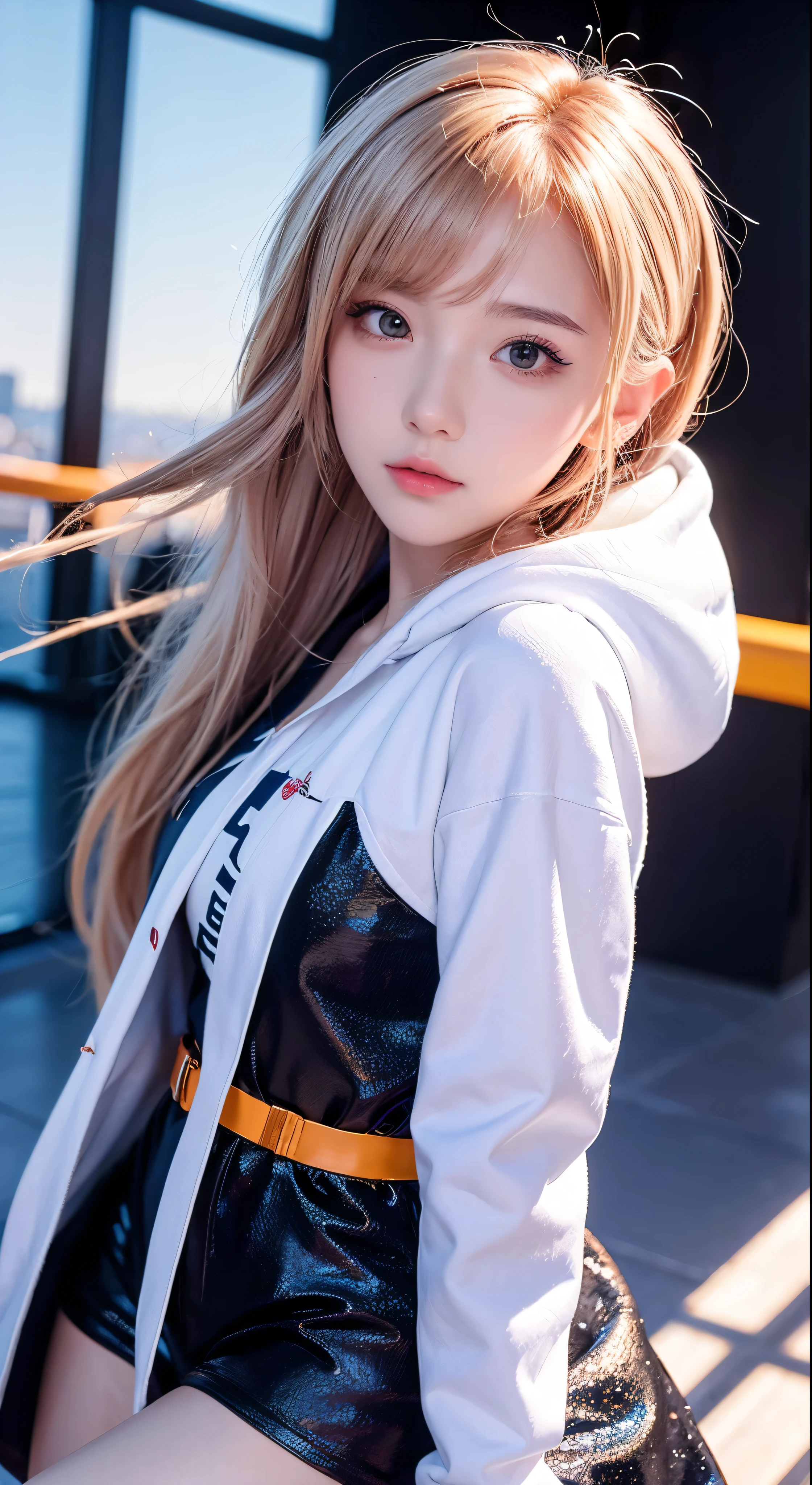 Top Quality, Masterpiece, High Resolution, 8k, Hoodie and Anime Style Girl, One Girl, Detailed Line Art, Bright White and Bright Amber Style, Digital Enhancement, Close Up, Anime Core, Flowing Fabric