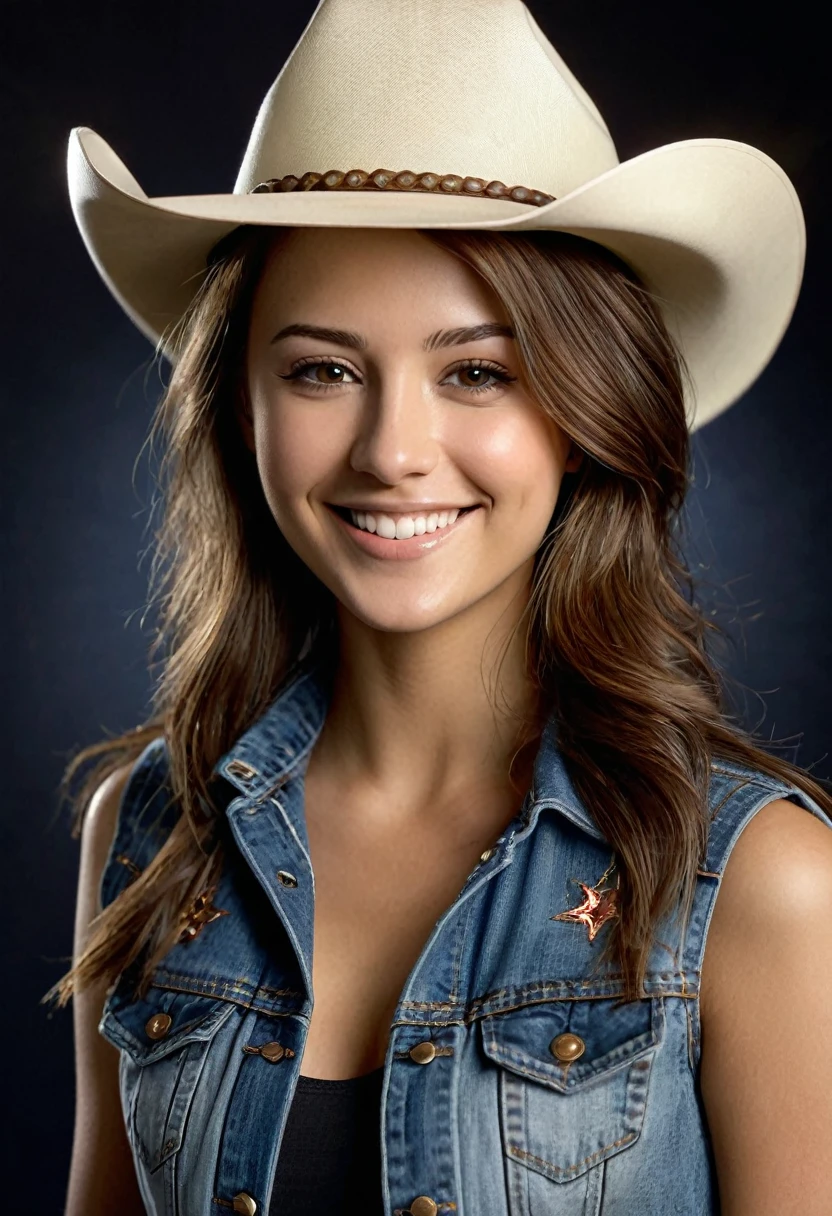 Extreme Beautiful girl from columbia, hyperrealistic face, medium-sized eyes, small nose, long brown hair, 25 years old, smiling, medium breasts, dynamic pose, jeans vest, cowboy hat, mystical dark light