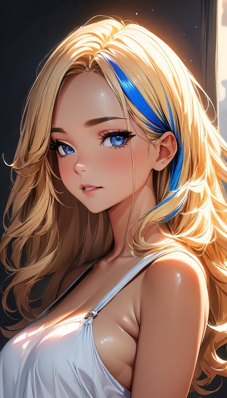 (highest quality:1.2, Very detailed, up to date, Vibrant, Ultra-high resolution, High Contrast, masterpiece:1.2, highest quality, Best aesthetics), Portraiture、girl、slim, Bright colors、Beautiful fine details、Beautiful lip detail、long hair, ((wavy hair:0.4))、messy hair, blonde and blue ((streaked hair:1.3)), highlights hair: 1.3, (medium breast:1), (tan skin:1.3), (printed pink camisole and cute pink panties:1), crop top navel:1.2, sit on bed, excellent lighting, bright colors, clean lines, cowboy shot,
