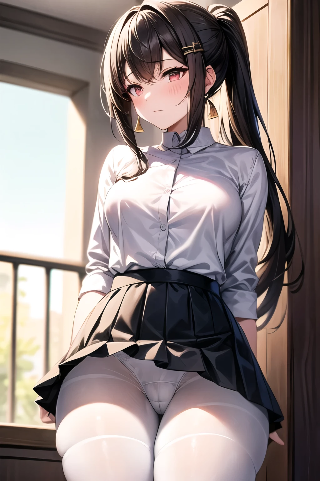 ((best quality)), ((masterpiece)), (detailed)), , , white shirt, black skirt, pleated skirt, black pantyhose, dark brown hair, ponytail, long bangs, long hair, medium breasts, thighs, red eyes, hair ornament, golden earrings, cowboy_shot, white panties under black pantyhose, black pantyhose, tall, thick, embarrassed,