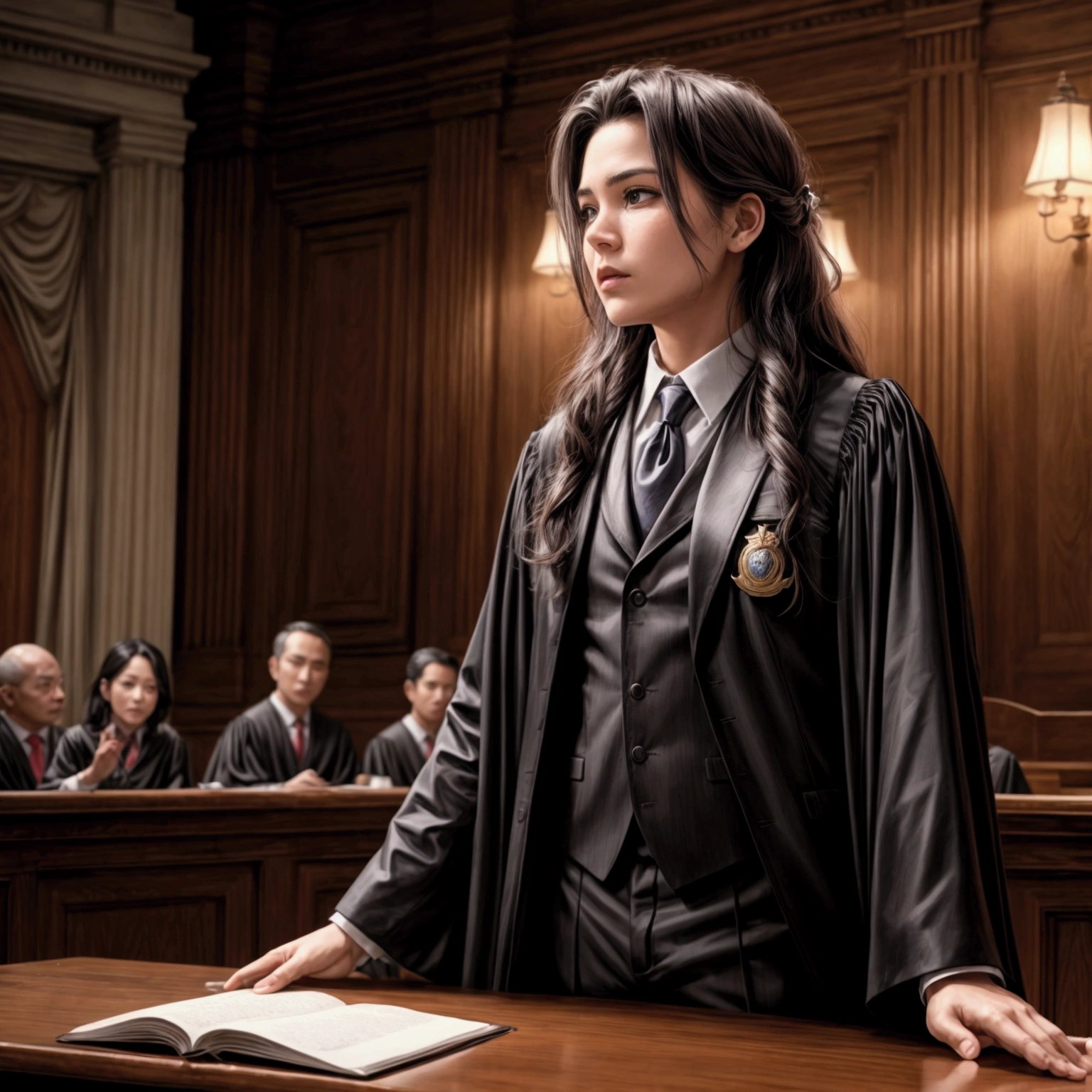 Male lawyer arguing in courtroom,
Wearing a black robe over a navy suit,
(Bar Association Badge),(Cufflinks),
With a quiet, passionate passion for the prosecutor,
Captivating,
Front view of judge,Wide-angle shot,
Casually dressed spectators,
reality,live-action,Photorealistic,
masterpiece,Highest quality,8k,High resolution,Raw photo,Professional photography techniques,