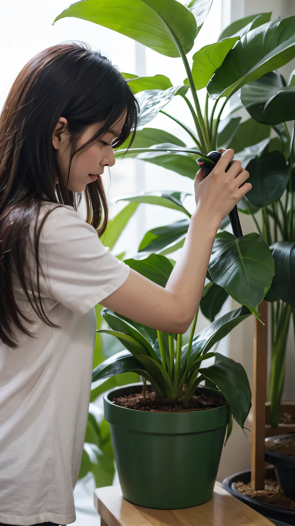 Human hand watering a plant