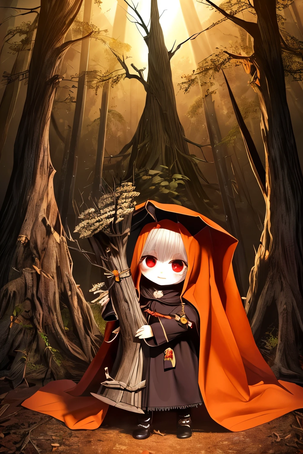 Photorealistic、Cute horror fantasy、Chibi Girl Doll(Devil Cosplay、Wicked Smile、Sagging under the eyes、Long eyebrows、Long nails、Orange eyes、Wear a long, big cloak) BREAK ,background(Musical notes around the doll, (dead tree:1.3), in the forest,shadow the cardboard\(Bat,Skeleton,Crow\)\)