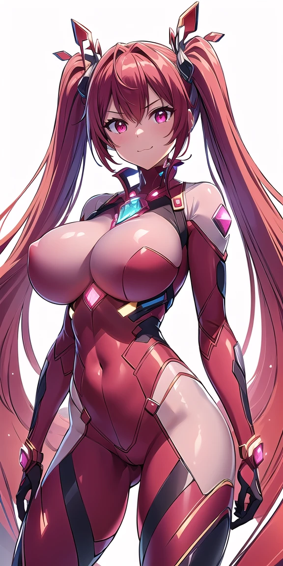 One girl, alone, Tailed, Very long hair, (Redhead:1.4), Twin tails, Perfect Face, Red eyes, View your viewers, cute, smile, :3, this, Mouth closed, (Big Breasts:1.6), (See through:1.7), Red clothes, detailed inside, Internal reflection, transparent, Gemtech, Elbow hand pockets, Background space, Cowboy Shot, close, sf, masterpiece, High resolution, Highest quality,