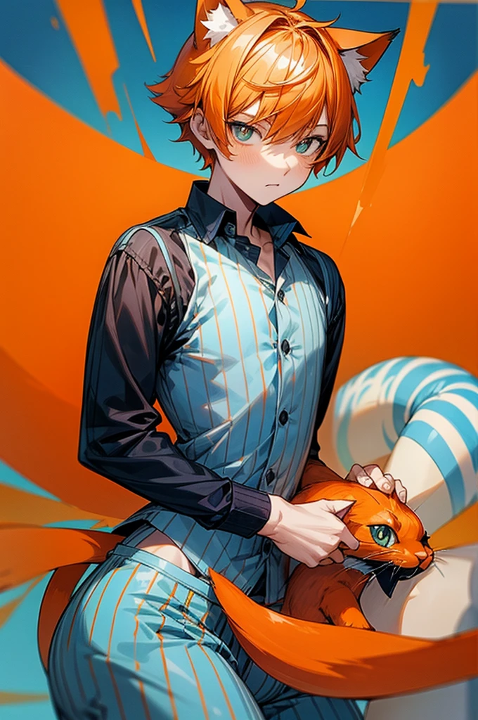 Orange hair, an orange tail, short hair, boy, flat chest, blue and white striped shirt, blue and white striped pants, black pupils, sickly, orange cat ears