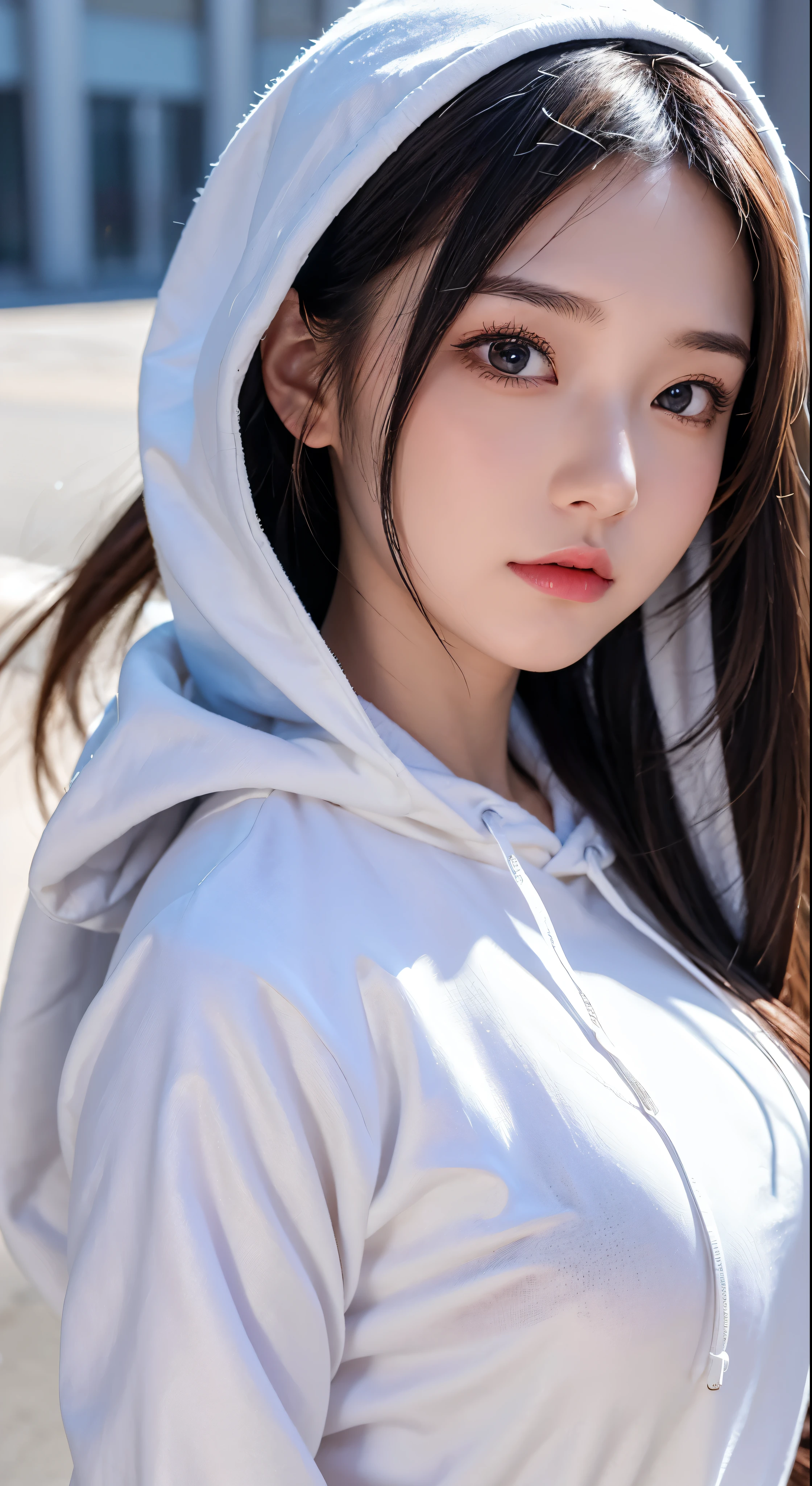 Top Quality, Masterpiece, High Resolution, 8k, Hoodie and Anime Style Girl, One Girl, Detailed Line Art, Bright White and Bright Amber Style, Digital Enhancement, Close Up, Anime Core, Flowing Fabric