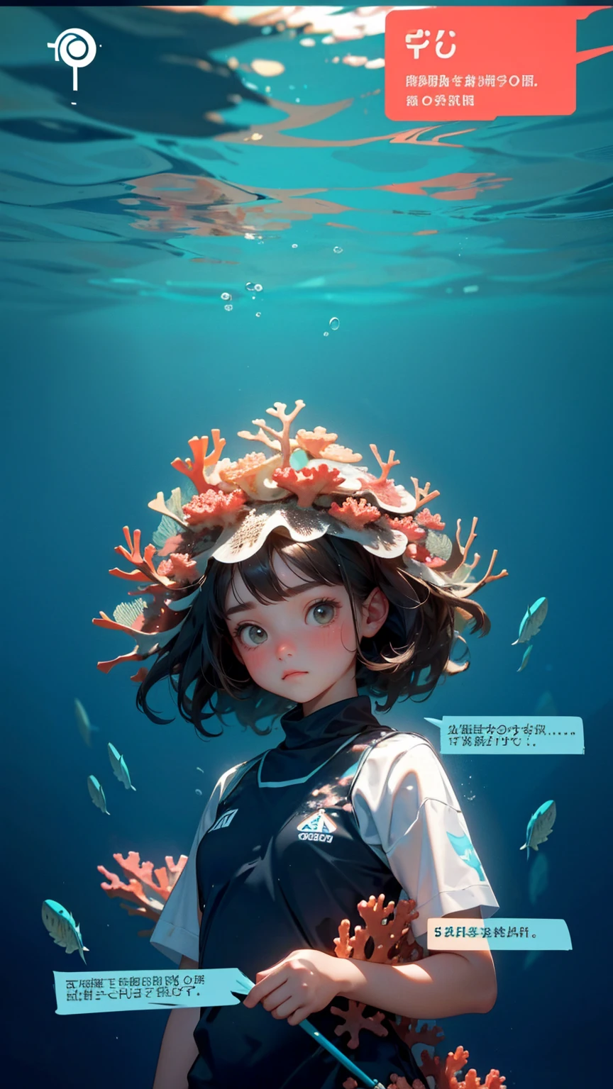 A cute girl with cute sad annoying face, stuck in fishing nets, set against the backdrop of coral reefs underwater with text below saying 'stuck transaction" underwater background, text 'stuck transaction" showing proper in the bottom of image in English language , text 'stuck transaction" showing proper in the bottom of image,