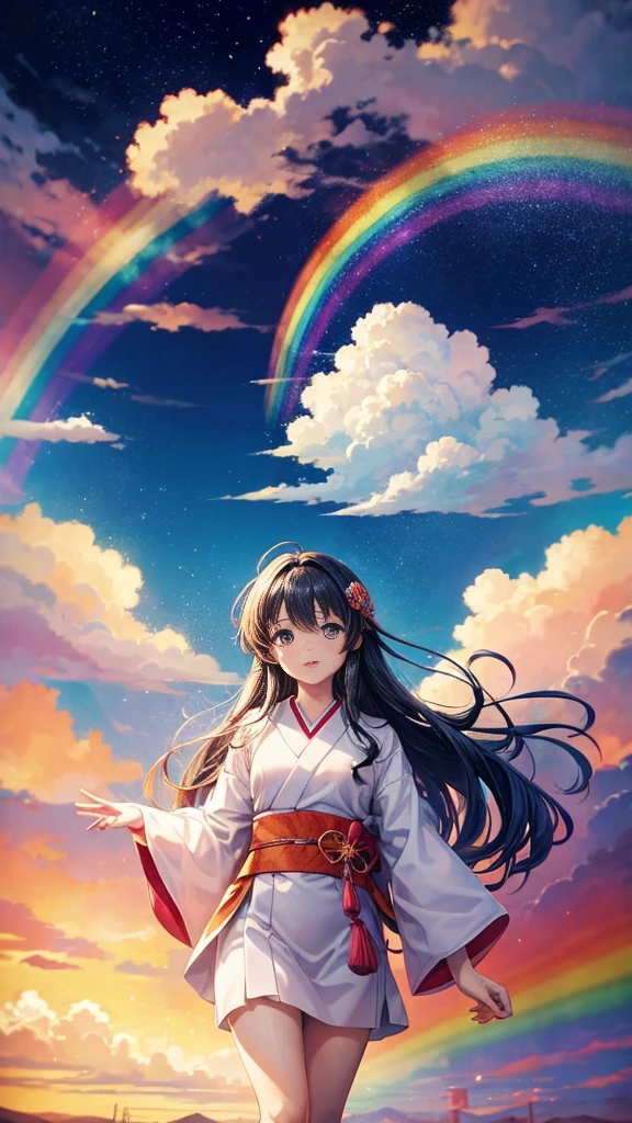There is a rainbow in the sky，The background is a rainbow, Bright rainbow rain clouds, beautiful floating clouds. Japanese cartoons, rainbow background, Rainbow Ofanimu stills, Elegant rainbow rain clouds, Anime Cloud, colorful Japanese cartoons movie background, rainbow in the sky, Anime Sky, glowing sky paradise background, Japanese cartoons backgrounds, Rainbow clouds, paradise background, Japanese cartoons movie backgrounds