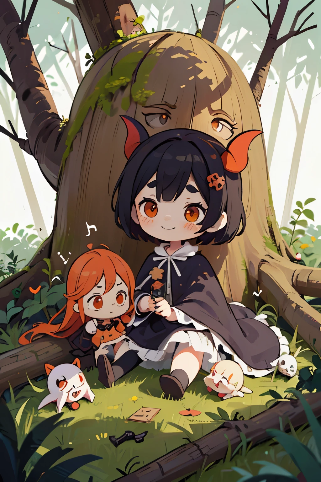 Photorealistic、Cute horror fantasy、Chibi Girl Doll(Devil Cosplay、Wicked Smile、Sagging under the eyes、Long eyebrows、Long nails、Orange eyes、Wear a long, big cloak) BREAK ,background(Musical notes around the doll, (dead tree:1.3), in the forest,shadow the cardboard\(Bat,Skeleton,Crow\)\)