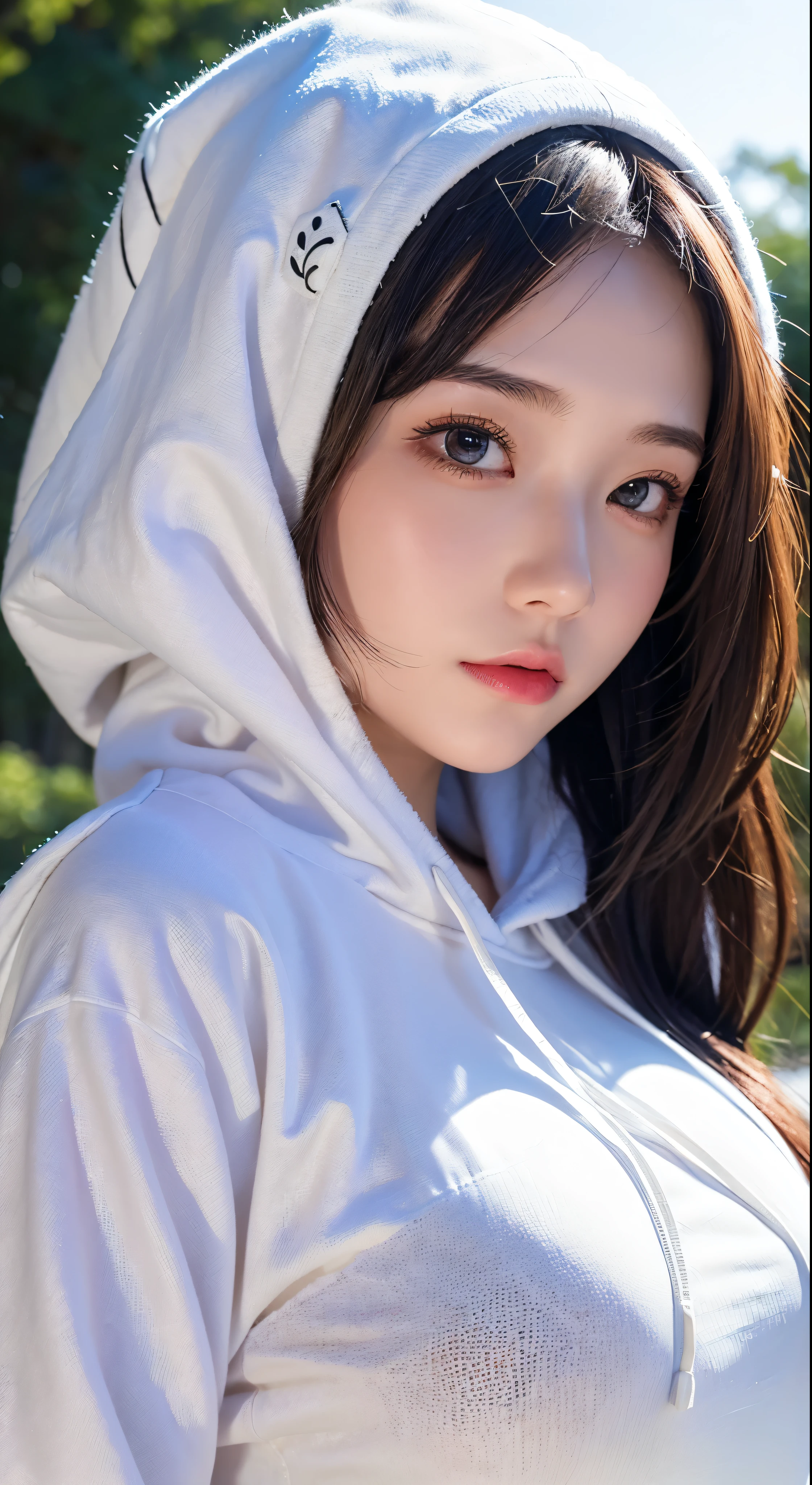 Top Quality, Masterpiece, High Resolution, 8k, Hoodie and Anime Style Girl, One Girl, Detailed Line Art, Bright White and Bright Amber Style, Digital Enhancement, Close Up, Anime Core, Flowing Fabric