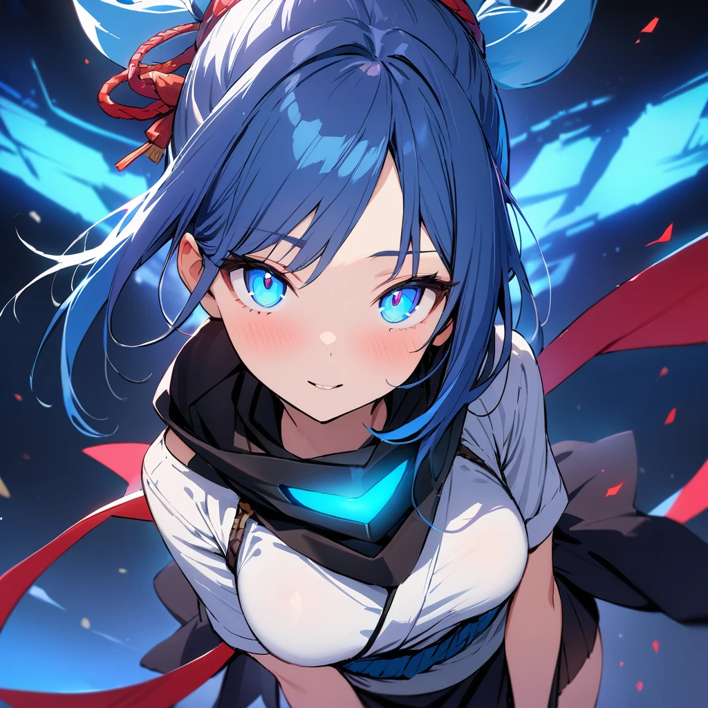 ((masterpiece)),(Highest quality),(detailed),(One girl), Blue Hair, Glowing blue eyes, Updo, White shirt, Black Skirt, View your viewers,Ninja Costume
