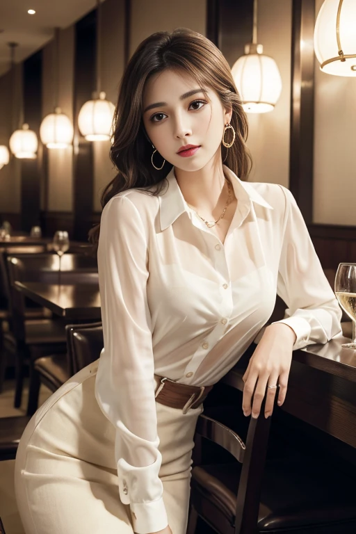 masterpiece, best quality, Practical, Very detailed, Finer details, high resolution, 8k wallpaper, A beautiful woman, Wear an elegant white see-through shirt, In a great restaurant, night, Light brown messy hair, Perfect dynamic composition, Pretty and beautiful eyes、Big earrings、sit on the chair、