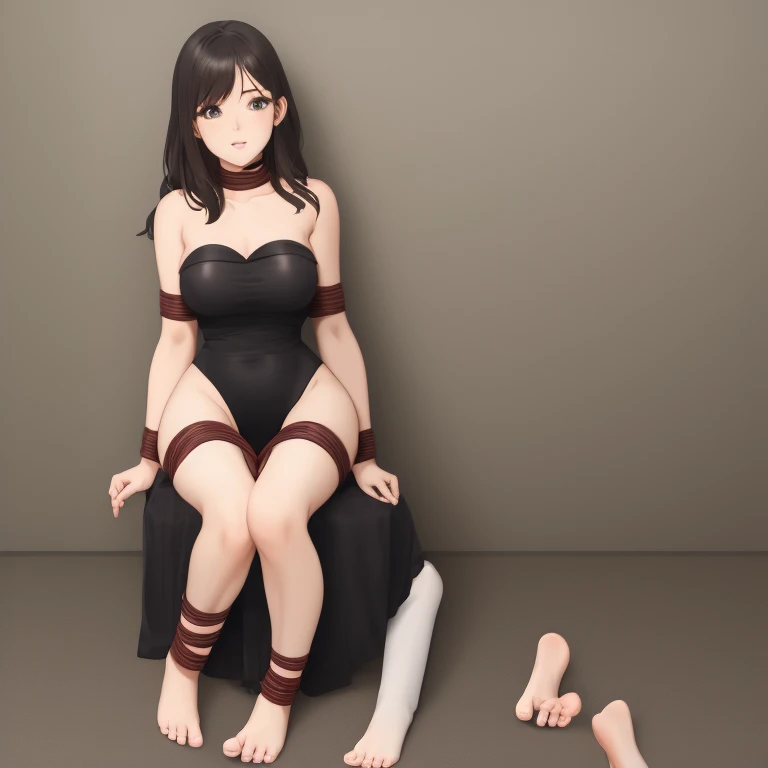 strapless attire woman, tied bondage, barefoot,full body 
