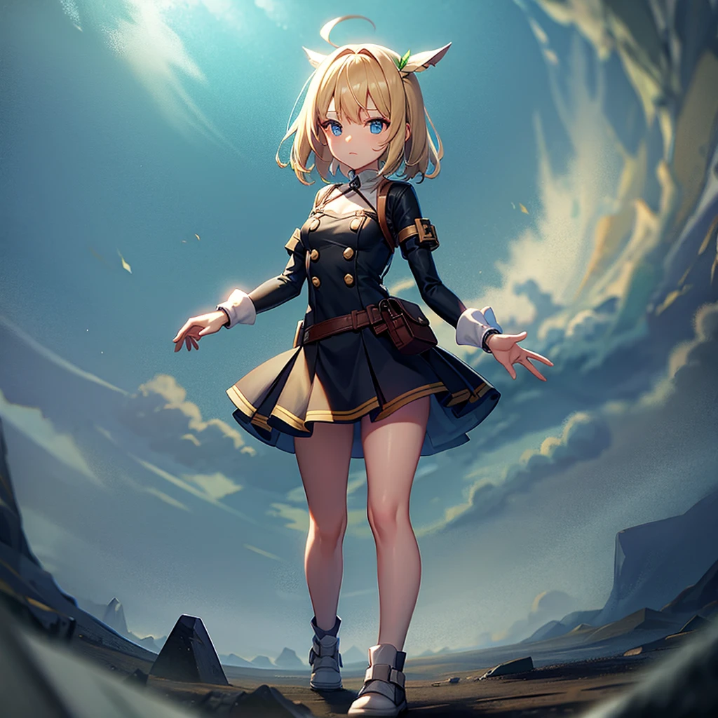 (Adventurer),White mini dress,Cute clothes,mini skirt,In a naughty way,Cute ,Tiny ,Small ,Childish face, Very fine clean face,Top quality,Straight Hair,Yellow hair,(Dark Room), Subtle Light, Natural light,Soft lighting,Light from directly behind,(Open your hands), (Are standing),Front view,Black background