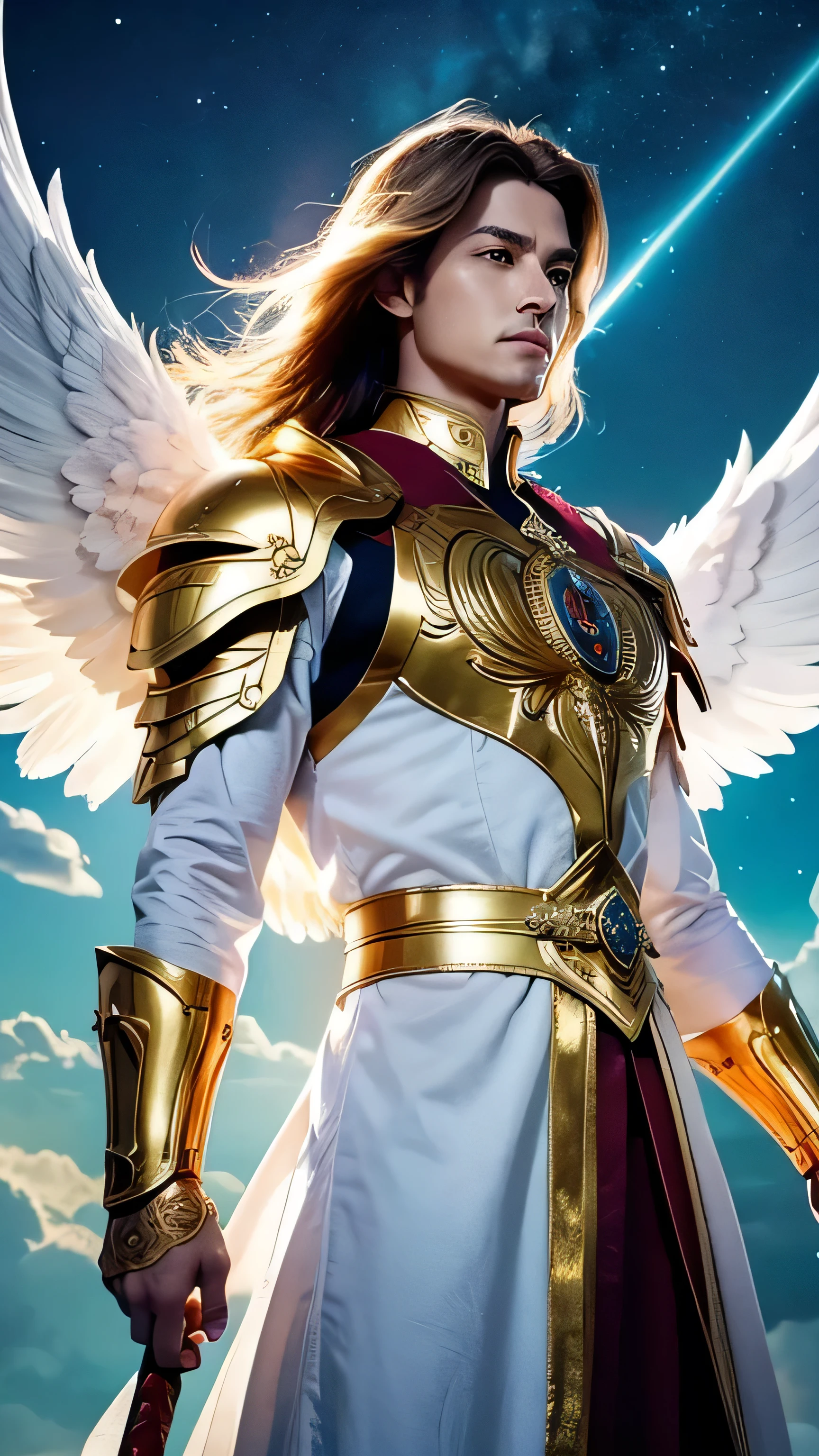 Create an ultra-realistic and imposing depiction of Archangel Michael, a powerful and revered figure in various religious traditions.
**Overall Appearance**:
- **Height**: Tall and commanding, far taller than an average human.
- **Body Type**: Muscular and well-built, exuding strength and authority.
- **Aura**: Surrounded by a glowing, divine aura, symbolizing his holy nature.
**Facial Features**:
- **Face**: Handsome and noble, with a strong jawline and high cheekbones. His expression is calm and resolute, radiating a sense of justice and protection.
- **Eyes**: Bright, piercing blue eyes that convey wisdom and unwavering determination.
- **Hair**: Long, flowing golden hair that shines with a divine light, cascading down his back and shoulders.
**Attire**:
- **Armor**: Wearing ornate, golden armor that is both protective and majestic. The armor is intricately designed with angelic symbols and motifs, reflecting his heavenly origin.
- **Cape**: A long, flowing red cape that billows behind him, adding to his regal and heroic appearance.
- **Accessories**: Adorned with a golden halo above his head and a jeweled cross necklace around his neck.
**Wings**:
- **Angel Wings**: Large, magnificent white wings that extend from his back, covered in soft, glowing feathers. The wings are powerful and majestic, symbolizing his angelic nature and ability to soar through the heavens.
**Weapons**:
- **Sword**: Holding a large, radiant sword that glows with divine light. The sword is intricately designed, with angelic runes and a sharp, gleaming blade, symbolizing his role as a warrior of God.
**Illustration Image**:
- **Background**: A celestial and heavenly setting, possibly with clouds, light rays, and a radiant sky. The background should convey a sense of divine presence and ethereal beauty.
- **Color Palette**: Dominated by shades of gold, white, and blue, emphasizing his divine and heroic nature.