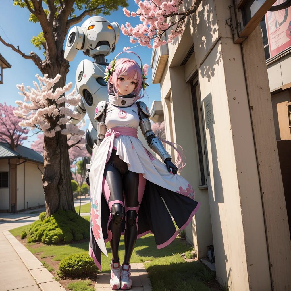 robot anime girl with sakura tree growing out of her