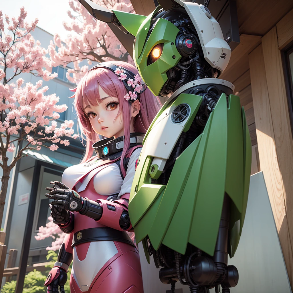 robot anime girl with sakura tree growing out of her