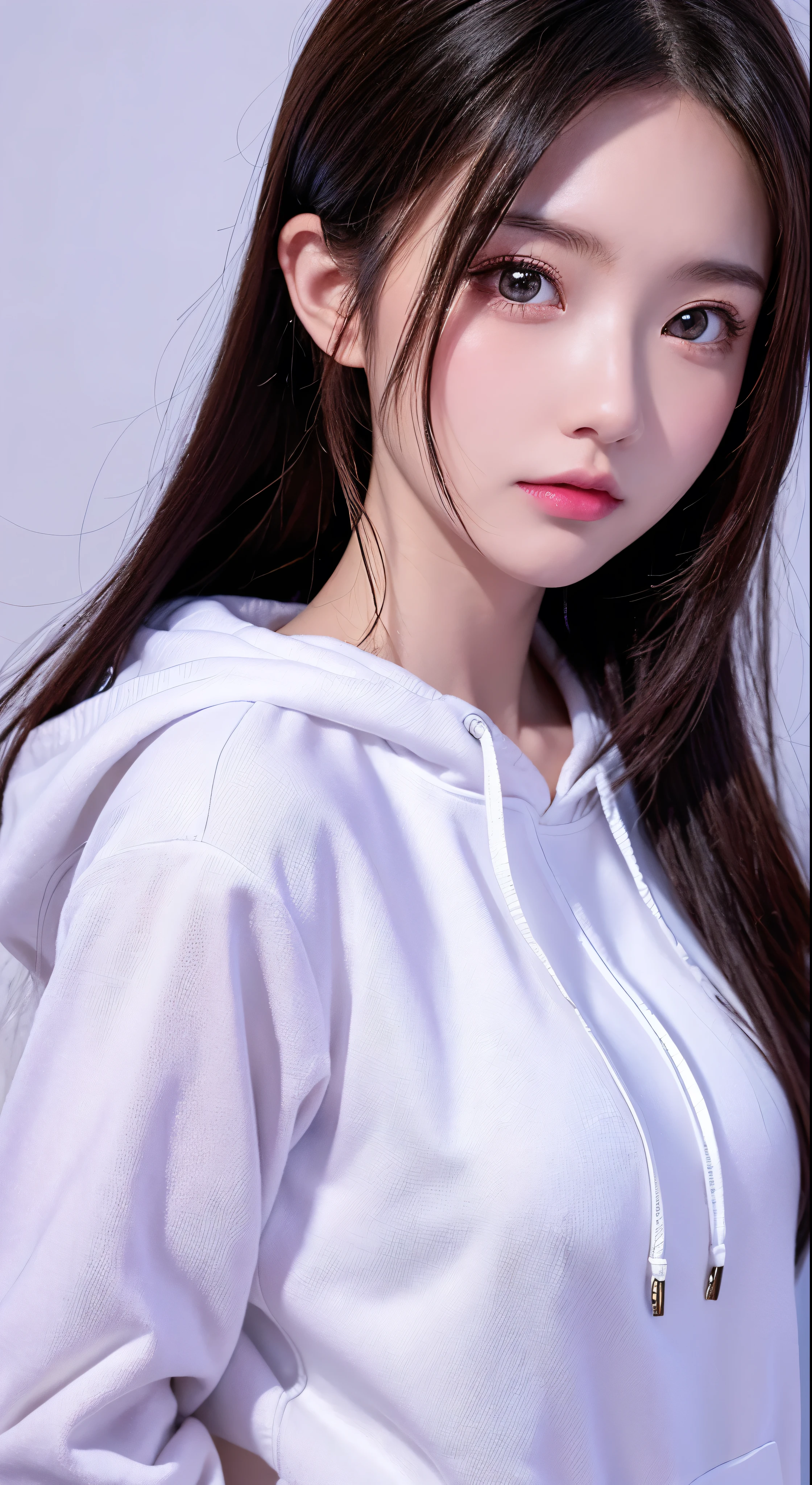 Top Quality, Masterpiece, High Resolution, 8k, Hoodie and Anime Style Girl, One Girl, Detailed Line Art, Bright White and Bright Amber Style, Digital Enhancement, Close Up, Anime Core, Flowing Fabric