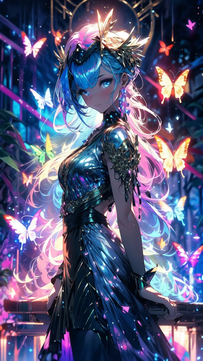 Enchanting Mysterious Girl, Neon colored butterflies, Mini Golden Fairy, A glowing mushroom that releases pollen., (Surreal), {Highly detailed 8k CG unit wallpaper}, (Low view that prioritizes the entire scene), (open field view), (Low angle shot), (stand out: 1.5), (Low Light: 1.0), (Warm light source: 1.0), Intricate details, (Iridescent colors: 1.5), (Bright lighting), (Atmospheric lighting), nature, Magic