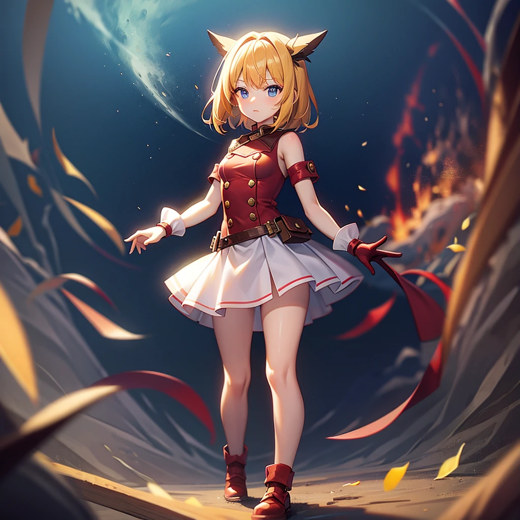 (Adventurer),Red Mini Dress,Cute clothes,mini skirt,In a naughty way,Cute little ,Tiny , girl,,Childish face, Very fine clean face,Top quality,Straight Hair,Yellow hair,(Dark Room), Subtle Light, Natural light,Soft lighting,Light from directly behind,(Open your hands), (Are standing),Front view,Black background