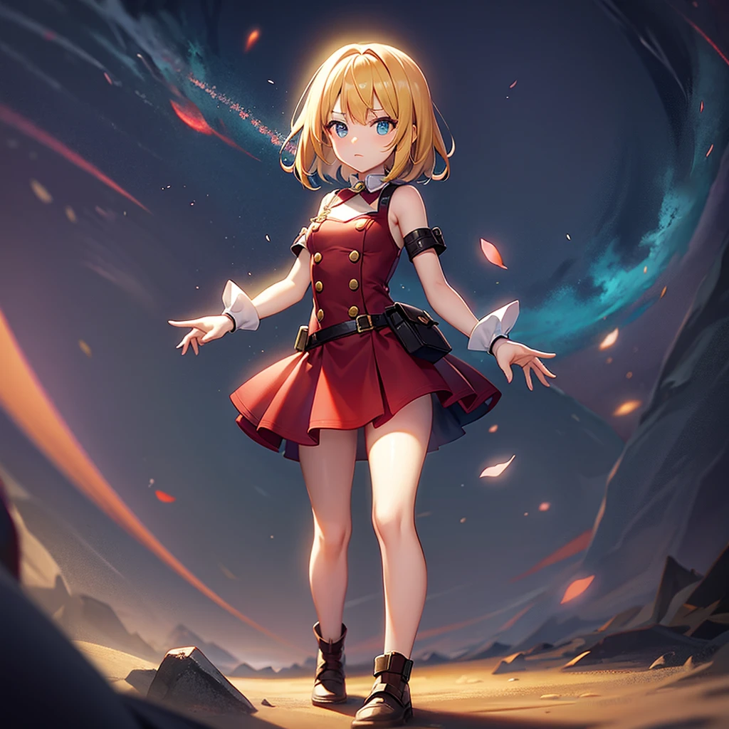 (Adventurer),Red Mini Dress,Cute clothes,mini skirt,In a naughty way,Cute little ,Tiny ,Small girl,,Childish face, Very fine clean face,Top quality,Straight Hair,Yellow hair,(Dark Room), Subtle Light, Natural light,Soft lighting,Light from directly behind,(Open your hands), (Are standing),Front view,Black background