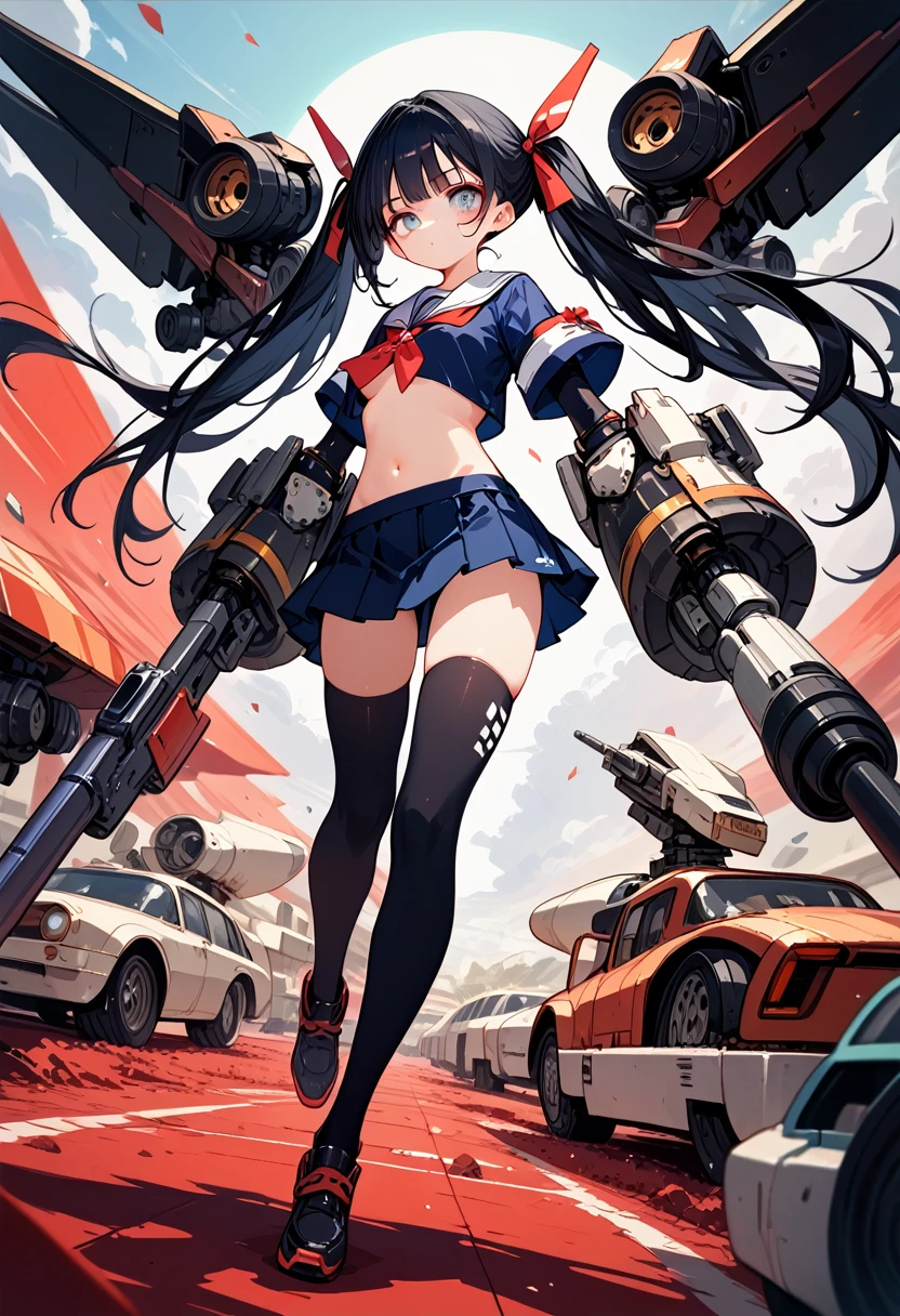 score_9, score_8_up,score_7_up, girl,summer school-uniform,(She has many weapons attached to her back and arms,radial),(guns,blades,mecha-arms),view from front,battle field,BREAK (16yo,detailed face,black hair,middle small breasts),