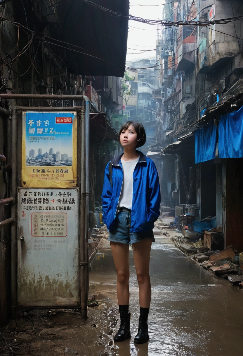 Kowloon City、Backstreets、Wet ground、pipe、duct、electric wire、signboard、Plein Air, Tag, Simple Background, 青いnull, short hair, One Girl、Beautiful girl、null, Looking at the audience, stage, Moody lighting,