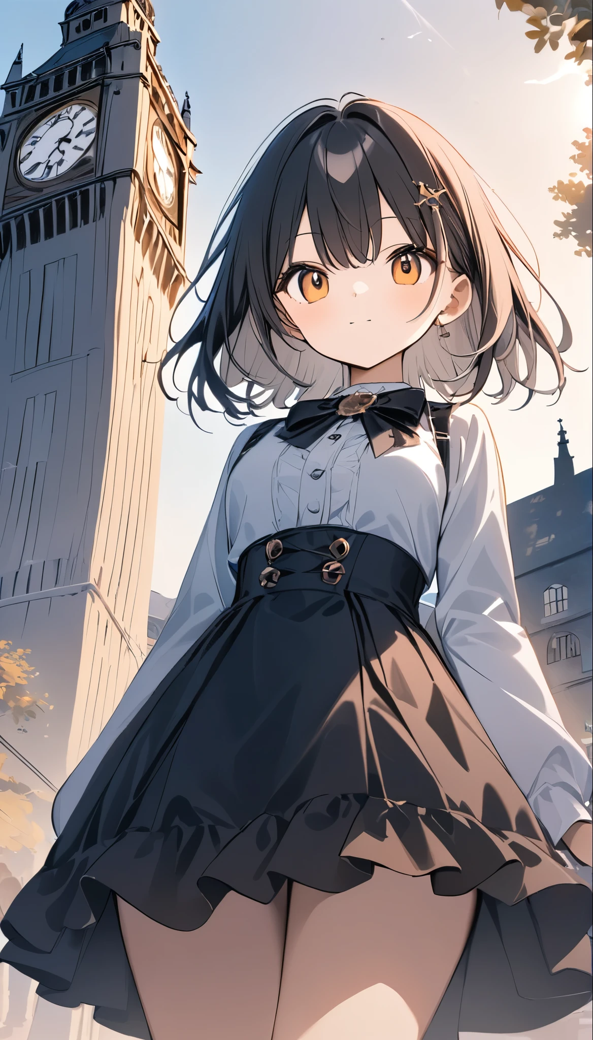 Gothic art、High contrast、(8k, Highest quality)、Ultra-high resolution、adorable、Highest quality, beautiful, Absurd beauty、masterpiece、Best image quality、Clock Tower and Girl Theme、European Landscape、Clock Tower Background、A girl taking a commemorative photo、Looking up from below