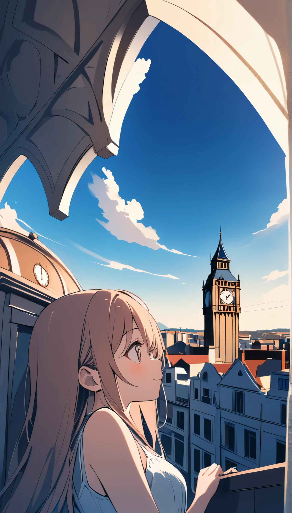 ((Flat Design))、High contrast、(8k, Highest quality)、Ultra-high resolution、adorable、Highest quality, beautiful, Absurd beauty、masterpiece、Best image quality、Clock Tower and Girl Theme、European Landscape、Clock Tower Background、A girl taking a commemorative photo、Looking up from below、Emphasize shading、Wide-angle lens、Lens flare