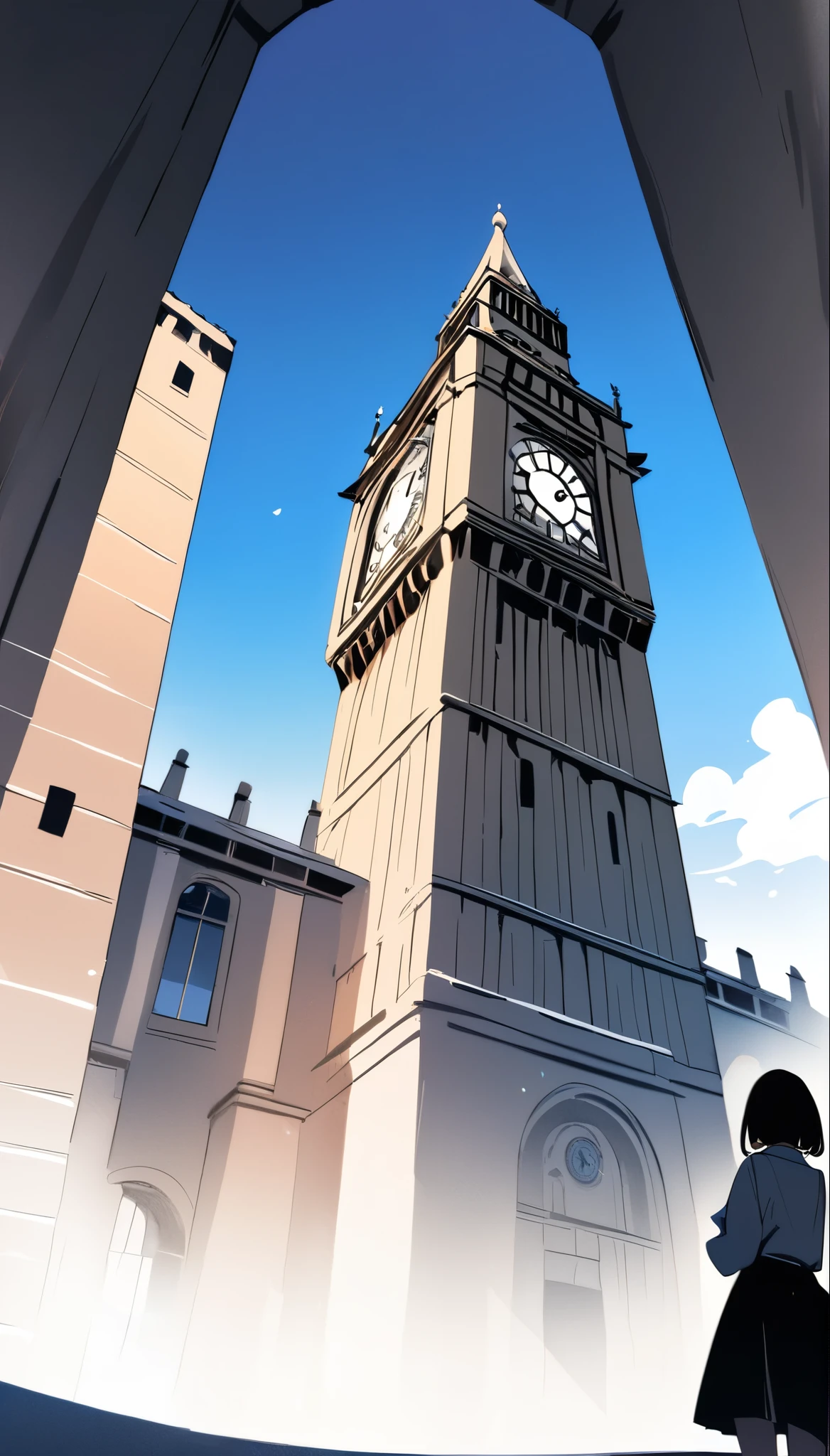 ((Hand-drawn style))、High contrast、(8k, Highest quality)、Ultra-high resolution、adorable、Highest quality, beautiful, Absurd beauty、masterpiece、Best image quality、Clock Tower and Girl Theme、European Landscape、Clock Tower Background、A girl taking a commemorative photo、Looking up from below、Emphasize shading
