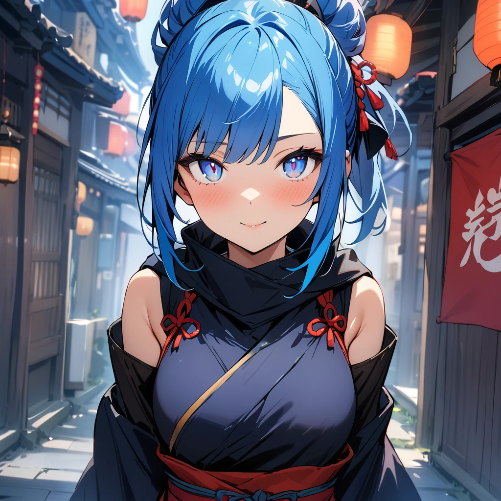 ((masterpiece)),(Highest quality),(detailed),(One girl), Blue Hair, Glowing blue eyes, Updo, Facing the viewer,Ninja Costume