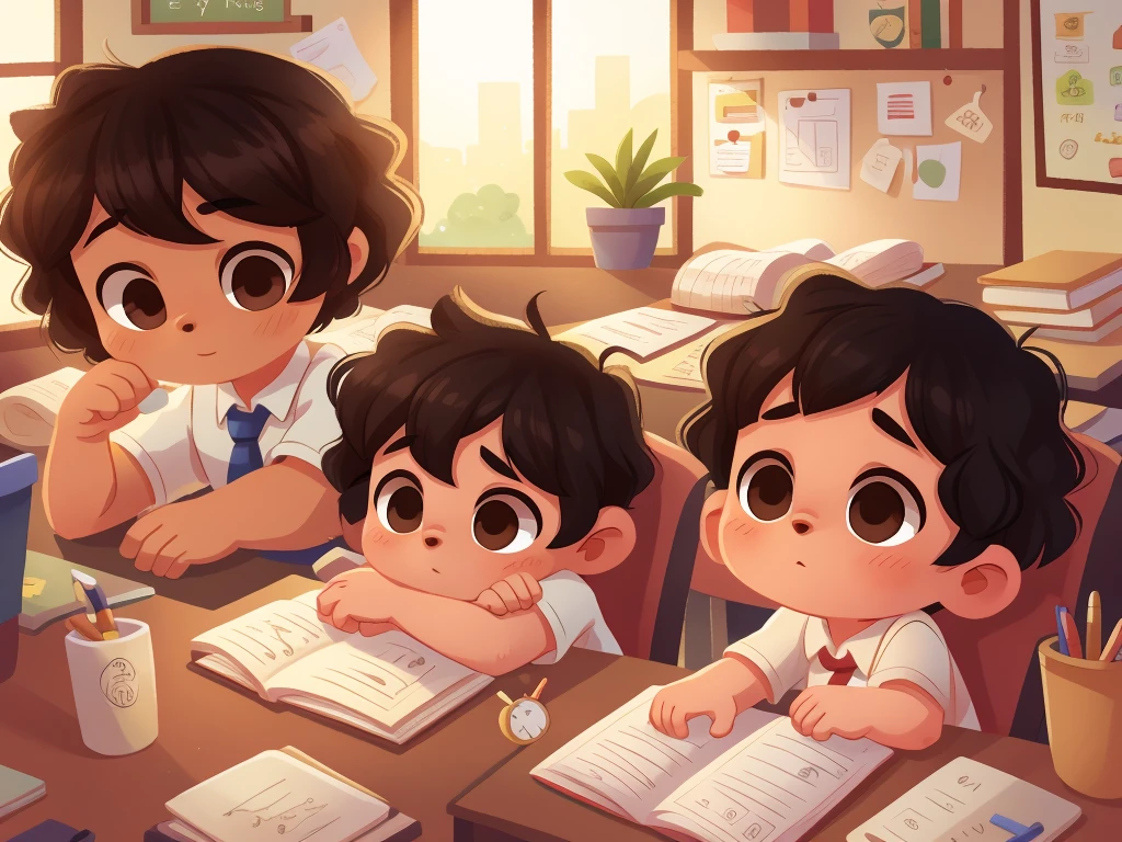 Illustration of 3 years old baby black curly short hair and brown eyes feel very tired and lazy and sleeping , while female teacher in class the photo focus only on the boy other desks contain other children active