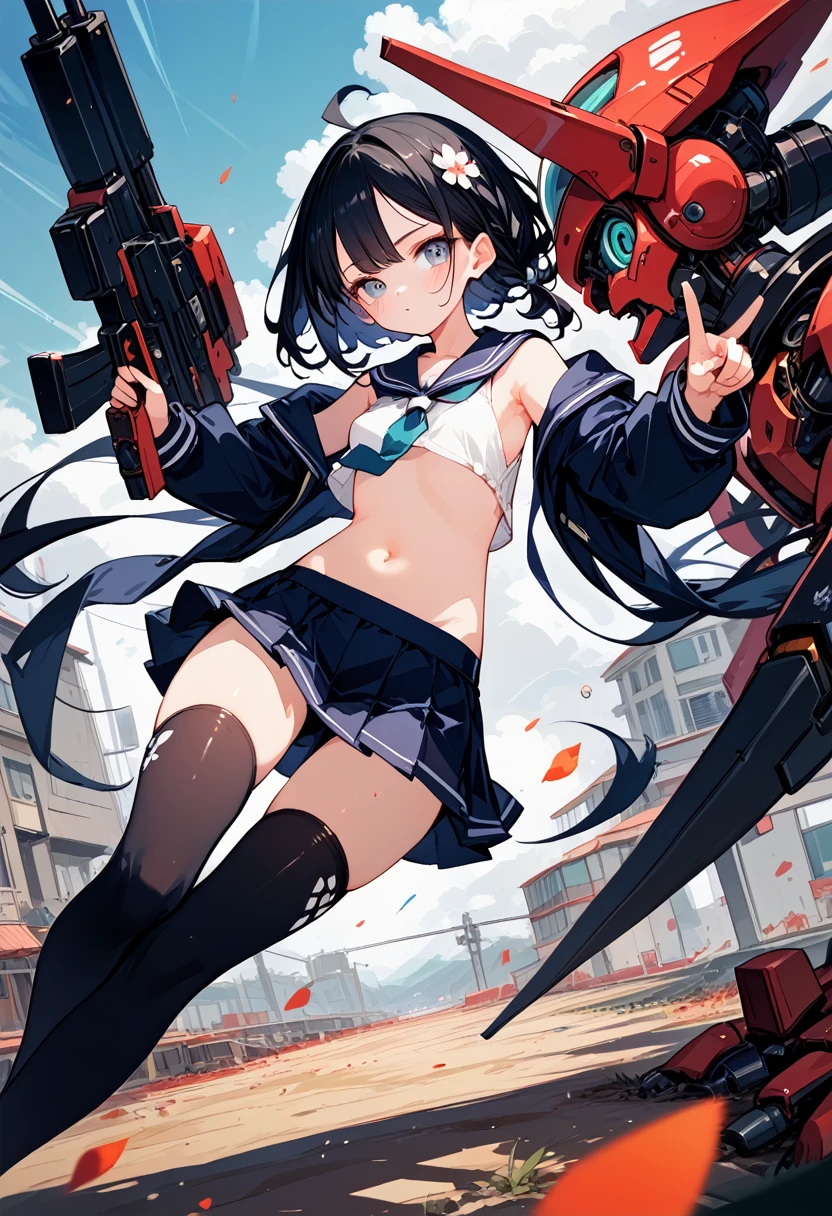 High detailed, anime girl, large spruce-blue hair, navy-blue eyes, busty, gorgeous plump body, red cardigan, Black bustier, large bullet belt, large skirt, holding Gun in hand